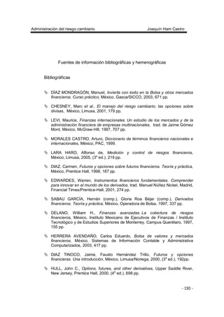 Administración del riesgo cambiario Joaquín Ham Castro
- 130 -
Fuentes de información bibliográficas y hemerográficas
Bibliográficas
DÍAZ MONDRAGÓN, Manuel, Invierta con éxito en la Bolsa y otros mercados
financieros. Curso práctico, México, Gasca/SICCO, 2003, 671 pp.
CHESNEY, Marc et al., El manejo del riesgo cambiario: las opciones sobre
divisas, México, Limusa, 2001, 179 pp.
LEVI, Maurice, Finanzas internacionales. Un estudio de los mercados y de la
administración financiera de empresas multinacionales, trad. de Jaime Gómez
Mont, México, McGraw-Hill, 1997, 707 pp.
MORALES CASTRO, Arturo, Diccionario de términos financieros nacionales e
internacionales, México, PAC, 1999.
LARA HARO, Alfonso de, Medición y control de riesgos financieros,
México, Limusa, 2005, (3a
ed.), 219 pp.
DIAZ, Carmen, Futuros y opciones sobre futuros financieros. Teoría y práctica,
México, Prentice Hall, 1998, 187 pp.
EDWARDES, Warren, Instrumentos financieros fundamentales. Comprender
para innovar en el mundo de los derivados, trad. Manuel Núñez Nickel, Madrid,
Financial Times/Prentice-Hall, 2001, 274 pp.
SABAU GARCÍA, Hernán (comp.), Gloria Roa Béjar (comp.), Derivados
financieros. Teoría y práctica, México, Operadora de Bolsa, 1997, 337 pp.
DELANO, William H., Finanzas avanzadas. La cobertura de riesgos
financieros, México, Instituto Mexicano de Ejecutivos de Finanzas / Instituto
Tecnológico y de Estudios Superiores de Monterrey, Campus Querétaro, 1997,
155 pp.
HERRERA AVENDAÑO, Carlos Eduardo, Bolsa de valores y mercados
financieros, México, Sistemas de Información Contable y Administrativa
Computarizados, 2003, 417 pp.
DIAZ TINOCO, Jaime, Fausto Hernández Trillo, Futuros y opciones
financieras. Una introducción, México, Limusa/Noriega, 2000, (3a
ed.), 192pp.
HULL, John C., Options, futures, and other derivatives, Upper Saddle River,
New Jersey, Prentice Hall, 2000, (4a
ed.), 698 pp.
 