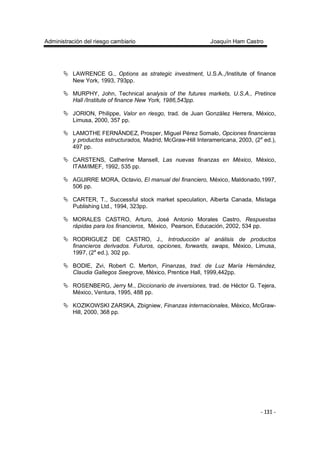 Administración del riesgo cambiario Joaquín Ham Castro
- 131 -
LAWRENCE G., Options as strategic investment, U.S.A.,/Institute of finance
New York, 1993, 793pp.
MURPHY, John, Technical analysis of the futures markets, U.S.A., Pretince
Hall /Institute of finance New York, 1986,543pp.
JORION, Philippe, Valor en riesgo, trad. de Juan González Herrera, México,
Limusa, 2000, 357 pp.
LAMOTHE FERNÁNDEZ, Prosper, Miguel Pérez Somalo, Opciones financieras
y productos estructurados, Madrid, McGraw-Hill Interamericana, 2003, (2a
ed.),
497 pp.
CARSTENS, Catherine Mansell, Las nuevas finanzas en México, México,
ITAM/IMEF, 1992, 535 pp.
AGUIRRE MORA, Octavio, El manual del financiero, México, Maldonado,1997,
506 pp.
CARTER, T., Successful stock market speculation, Alberta Canada, Mistaga
Publishing Ltd., 1994, 323pp.
MORALES CASTRO, Arturo, José Antonio Morales Castro, Respuestas
rápidas para los financieros, México, Pearson, Educación, 2002, 534 pp.
RODRIGUEZ DE CASTRO, J., Introducción al análisis de productos
financieros derivados. Futuros, opciones, forwards, swaps, México, Limusa,
1997, (2a
ed.), 302 pp.
BODIE, Zvi, Robert C. Merton, Finanzas, trad. de Luz María Hernández,
Claudia Gallegos Seegrove, México, Prentice Hall, 1999,442pp.
ROSENBERG, Jerry M., Diccionario de inversiones, trad. de Héctor G. Tejera,
México, Ventura, 1995, 488 pp.
KOZIKOWSKI ZARSKA, Zbigniew, Finanzas internacionales, México, McGraw-
Hill, 2000, 368 pp.
 