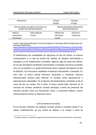 Administración del riesgo cambiario Joaquín Ham Castro
- 38 -
•Dinamarca •Chipre
•Egipto
•Hungría
•Tonga
Tipo de cambio vinculado a otra divisa con
paridad fija deslizante/reptante
Sistema de bandas de fluctuación
deslizante/reptantes
•Bolivia
•Costa Rica
•Nicaragua
•Islas Salomón
•Túnez
•Bielorrusia
•Honduras
•Israel
•Rumania
•Eslovenia
Fuente: International Monetary Fund Annual Report on Exchange Rate Arrangements and
Exchange Restrictions
www.revistasice.com/Estudios/Docomen/ice/829/ICE8290202.PDF#search=%22internatio
nal%20monetary%20fund%20%annual%20report%20on%20exchange%20rate%20arrang
ements%20and%20exchange%20restrictions%20flotacion%20independiente%22
Si clasificáramos las modalidades de regímenes de tipo de cambio, la mayoría
correspondería a un tipo de cambio fijo, flexible, de flotación administrada o
manejada, y/o de deslizamiento controlado. Digamos algo de estos dos últimos.
En el caso del régimen de flotación administrada o manejada, los bancos centrales
rara vez se someten a un papel enteramente pasivo respecto del régimen de tipo
de flotación. Con frecuencia, establecen la flotación administrada o manejada. En
este caso, el banco central interviene comprando o vendiendo reservas
internacionales (divisas) para defender su moneda contra apreciaciones o
depreciaciones indeseables. En el régimen del deslizamiento controlado se fija el
curso del tipo de cambio. Por lo tanto, el banco central debe intervenir en el
mercado de cambios vendiendo moneda extranjera, cuando las presiones del
mercado apuntan hacia una devaluación mayor, y comprando dólares, cuando
dichas presiones indican un descenso menor.
I.2.6 Corredores de cambios
En el mercado cambiario, las palabras corredor (broker) y cambista (dealer11
) se
utilizan indistintamente, ya que ambos se dedican a la compra y venta de
11
Cambista, individuo o empresa que negocia instrumentos financieros y toma posiciones por cuenta propia.
 