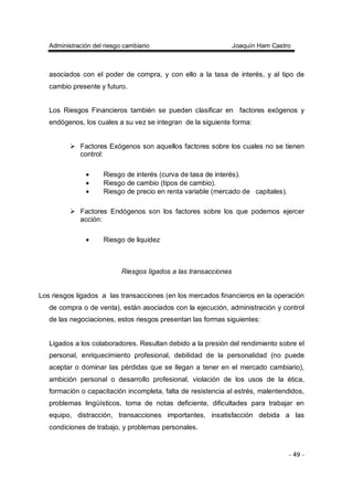 Administración del riesgo cambiario Joaquín Ham Castro
- 49 -
asociados con el poder de compra, y con ello a la tasa de interés, y al tipo de
cambio presente y futuro.
Los Riesgos Financieros también se pueden clasificar en factores exógenos y
endógenos, los cuales a su vez se integran de la siguiente forma:
Factores Exógenos son aquellos factores sobre los cuales no se tienen
control:
• Riesgo de interés (curva de tasa de interés).
• Riesgo de cambio (tipos de cambio).
• Riesgo de precio en renta variable (mercado de capitales).
Factores Endógenos son los factores sobre los que podemos ejercer
acción:
• Riesgo de liquidez
Riesgos ligados a las transacciones
Los riesgos ligados a las transacciones (en los mercados financieros en la operación
de compra o de venta), están asociados con la ejecución, administración y control
de las negociaciones, estos riesgos presentan las formas siguientes:
Ligados a los colaboradores. Resultan debido a la presión del rendimiento sobre el
personal, enriquecimiento profesional, debilidad de la personalidad (no puede
aceptar o dominar las pérdidas que se llegan a tener en el mercado cambiario),
ambición personal o desarrollo profesional, violación de los usos de la ética,
formación o capacitación incompleta, falta de resistencia al estrés, malentendidos,
problemas lingüísticos, toma de notas deficiente, dificultades para trabajar en
equipo, distracción, transacciones importantes, insatisfacción debida a las
condiciones de trabajo, y problemas personales.
 