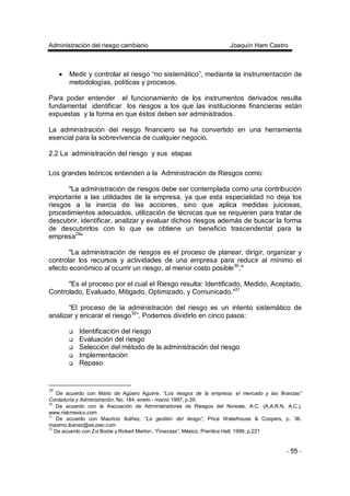 Administración del riesgo cambiario Joaquín Ham Castro
- 55 -
• Medir y controlar el riesgo “no sistemático”, mediante la instrumentación de
metodologías, políticas y procesos.
Para poder entender el funcionamiento de los instrumentos derivados resulta
fundamental identificar los riesgos a los que las instituciones financieras están
expuestas y la forma en que éstos deben ser administrados.
La administración del riesgo financiero se ha convertido en una herramienta
esencial para la sobrevivencia de cualquier negocio.
2.2 La administración del riesgo y sus etapas
Los grandes teóricos entienden a la Administración de Riesgos como:
"La administración de riesgos debe ser contemplada como una contribución
importante a las utilidades de la empresa, ya que esta especialidad no deja los
riesgos a la inercia de las acciones, sino que aplica medidas juiciosas,
procedimientos adecuados, utilización de técnicas que se requieren para tratar de
descubrir, identificar, analizar y evaluar dichos riesgos además de buscar la forma
de descubrirlos con lo que se obtiene un beneficio trascendental para la
empresa29
"
"La administración de riesgos es el proceso de planear, dirigir, organizar y
controlar los recursos y actividades de una empresa para reducir al mínimo el
efecto económico al ocurrir un riesgo, al menor costo posible30
."
"Es el proceso por el cual el Riesgo resulta: Identificado, Medido, Aceptado,
Controlado, Evaluado, Mitigado, Optimizado, y Comunicado."31
“El proceso de la administración del riesgo es un intento sistemático de
analizar y encarar el riesgo32
”. Podemos dividirlo en cinco pasos:
Identificación del riesgo
Evaluación del riesgo
Selección del método de la administración del riesgo
Implementación
Repaso
29
De acuerdo con Mario de Agüero Aguirre, “Los riesgos de la empresa: el mercado y las finanzas”
Contaduría y Administración, No. 184, enero - marzo 1997, p.39.
30
De acuerdo con la Asociación de Administradores de Riesgos del Noreste, A.C. (A.A.R.N, A.C.),
www.riskmexico.com
31
De acuerdo con Mauricio Ibáñez, “La gestión del riesgo”, Price Waterhouse & Coopers, p. 36.
maximo.ibanez@es.pwc.com
32
De acuerdo con Zvi Bodie y Robert Merton, “Finanzas”, México, Prentice Hall, 1999, p.221
 