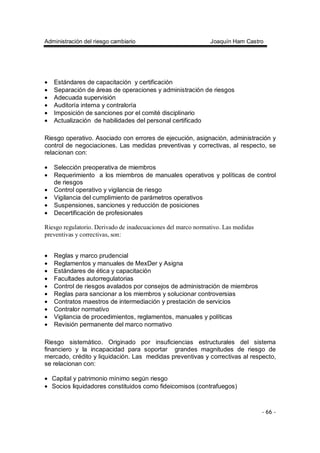 Administración del riesgo cambiario Joaquín Ham Castro
- 66 -
• Estándares de capacitación y certificación
• Separación de áreas de operaciones y administración de riesgos
• Adecuada supervisión
• Auditoría interna y contraloría
• Imposición de sanciones por el comité disciplinario
• Actualización de habilidades del personal certificado
Riesgo operativo. Asociado con errores de ejecución, asignación, administración y
control de negociaciones. Las medidas preventivas y correctivas, al respecto, se
relacionan con:
• Selección preoperativa de miembros
• Requerimiento a los miembros de manuales operativos y políticas de control
de riesgos
• Control operativo y vigilancia de riesgo
• Vigilancia del cumplimiento de parámetros operativos
• Suspensiones, sanciones y reducción de posiciones
• Decertificación de profesionales
Riesgo regulatorio. Derivado de inadecuaciones del marco normativo. Las medidas
preventivas y correctivas, son:
• Reglas y marco prudencial
• Reglamentos y manuales de MexDer y Asigna
• Estándares de ética y capacitación
• Facultades autorregulatorias
• Control de riesgos avalados por consejos de administración de miembros
• Reglas para sancionar a los miembros y solucionar controversias
• Contratos maestros de intermediación y prestación de servicios
• Contralor normativo
• Vigilancia de procedimientos, reglamentos, manuales y políticas
• Revisión permanente del marco normativo
Riesgo sistemático. Originado por insuficiencias estructurales del sistema
financiero y la incapacidad para soportar grandes magnitudes de riesgo de
mercado, crédito y liquidación. Las medidas preventivas y correctivas al respecto,
se relacionan con:
• Capital y patrimonio mínimo según riesgo
• Socios liquidadores constituidos como fideicomisos (contrafuegos)
 