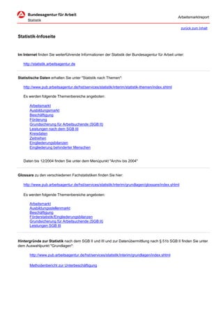 Arbeitsmarktreport

                                                                                                     zurück zum Inhalt

Statistik-Infoseite


Im Internet finden Sie weiterführende Informationen der Statistik der Bundesagentur für Arbeit unter:

   http://statistik.arbeitsagentur.de


Statistische Daten erhalten Sie unter "Statistik nach Themen":

   http://www.pub.arbeitsagentur.de/hst/services/statistik/interim/statistik-themen/index.shtml

   Es werden folgende Themenbereiche angeboten:

       Arbeitsmarkt
       Ausbildungsmarkt
       Beschäftigung
       Förderung
       Grundsicherung für Arbeitsuchende (SGB II)
       Leistungen nach dem SGB III
       Kreisdaten
       Zeitreihen
       Eingliederungsbilanzen
       Eingliederung behinderter Menschen


   Daten bis 12/2004 finden Sie unter dem Menüpunkt "Archiv bis 2004"


Glossare zu den verschiedenen Fachstatistiken finden Sie hier:

   http://www.pub.arbeitsagentur.de/hst/services/statistik/interim/grundlagen/glossare/index.shtml

   Es werden folgende Themenbereiche angeboten:

       Arbeitsmarkt
       Ausbildungsstellenmarkt
       Beschäftigung
       Förderstatistik/Eingliederungsbilanzen
       Grundsicherung für Arbeitsuchende (SGB II)
       Leistungen SGB III



Hintergründe zur Statistik nach dem SGB II und III und zur Datenübermittlung nach § 51b SGB II finden Sie unter
dem Auswahlpunkt "Grundlagen":

       http://www.pub.arbeitsagentur.de/hst/services/statistik/interim/grundlagen/index.shtml

       Methodenbericht zur Unterbeschäftigung
 