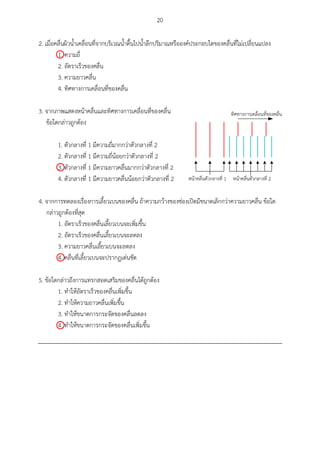 20
2. เมื่อคลื่นผิวน้าเคลื่อนที่จากบริเวณน้าตื้นไปน้าลึกปริมาณหรือองค์ประกอบใดของคลื่นที่ไม่เปลี่ยนแปลง
1. ความถี่
2. อัตราเร็วของคลื่น
3. ความยาวคลื่น
4. ทิศทางการเคลื่อนที่ของคลื่น
3. จากภาพแสดงหน้าคลื่นและทิศทางการเคลื่อนที่ของคลื่น
ข้อใดกล่าวถูกต้อง
1. ตัวกลางที่ 1 มีความถี่ของคลื่นมากกว่าตัวกลางที่ 2
2. ตัวกลางที่ 1 มีความถี่ของคลื่นน้อยกว่าตัวกลางที่ 2
3. ตัวกลางที่ 1 มีความยาวคลื่นมากกว่าตัวกลางที่ 2
4. ตัวกลางที่ 1 มีความยาวคลื่นน้อยกว่าตัวกลางที่ 2
4. จากการทดลองเรื่องการเลี้ยวเบนของคลื่น ถ้าความกว้างของช่องเปิดมีขนาดเล็กกว่าความยาวคลื่น ข้อใด
กล่าวถูกต้องที่สุด
1. อัตราเร็วของคลื่นเลี้ยวเบนจะเพิ่มขึ้น
2. อัตราเร็วของคลื่นเลี้ยวเบนจะลดลง
3. ความยาวคลื่นเลี้ยวเบนจะลดลง
4. คลื่นที่เลี้ยวเบนจะปรากฏเด่นชัด
5. ข้อใดกล่าวถึงการแทรกสอดเสริมของคลื่นได้ถูกต้อง
1. ทาให้อัตราเร็วของคลื่นเพิ่มขึ้น
2. ทาให้ความยาวคลื่นเพิ่มขึ้น
3. ทาให้ขนาดการกระจัดของคลื่นลดลง
4. ทาให้ขนาดการกระจัดของคลื่นเพิ่มขึ้น
 1  2





 