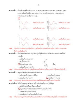22
ตัวอย่ำงที่ 2.1 เมื่อคลื่นเสียงเคลื่อนที่ผ่านอากาศ กราฟระหว่างความดันของอากาศ ณ ตาแหน่งต่าง ๆ ตาม
แนวการเคลื่อนที่ของเสียง และกราฟระหว่างการกระจัดของอนุภาคอากาศตามแนวการ
เคลื่อนที่ของเสียงจะเป็นดังภาพข้อใด
1. 2.
3. 4.
ตัวอย่ำงที่ 2.2 เมื่อเปิดให้ลาโพงทางาน อนุภาคของฝุ่นที่อยู่ด้านหน้าของลาโพง ดังภาพ จะมีการเคลื่อนที่
อย่างไร
1. เคลื่อนที่ออกจากลาโพง
2. สั่นขึ้นลงในแนวดิ่ง
3. สั่นไปมาในแนวระดับ
4. เคลื่อนที่ออกเป็นรูปคลื่น
ตัวอย่ำงที่ 2.3 เหตุผลสาหรับคาตอบในข้อที่ผ่านมา คือข้อใด
1. พลังงานเคลื่อนที่ออกจากลาโพง 2. เสียงเป็นคลื่นรูปซายน์
3. เสียงเป็นคลื่นตามขวาง 4. เสียงเป็นคลื่นตามยาว
ตัวอย่ำงที่ 2.4 ข้อใดเป็นเหตุผลสาหรับคากล่าวที่ว่า เสียงเป็นคลื่นตามยาวได้ดีที่สุด
1. เสียงต้องอาศัยตัวกลางในการเคลื่อนที่
2. อนุภาคตัวกลางสั่นในแนวเดียวกับทิศทางการเคลื่อนที่ของคลื่น
3. เสียงเดินทางในสุญญากาศได้
4. เสียงเดินทางเป็นเส้นตรงเช่นเดียวกับแสง

เฟสเริ่มต้น 90 องศา เฟสเริ่มต้น 90 องศา
เฟสเริ่มต้น 180 องศา เฟสเริ่มต้น 0 องศา
เฟสเริ่มต้น 90 องศา เฟสเริ่มต้น 90 องศา
เฟสเริ่มต้น 90 องศา เฟสเริ่มต้น270 องศา
ตอบ เนื่องจาก กราฟของการกระจัดกับระยะทาง จะมีเฟสนากราฟระหว่างความดันอากาศกับระยะทาง
90 องศา ดังนั้น ตอบตัวเลือกที่ 1

ตอบ เนื่องจากเสียงเป็นคลื่นตามยาว ฝุ่นดังกล่าวจะสั่นกลับไปและมาในแนวระดับ ดังนั้น ตอบตัวเลือกที่ 3

ตอบ เนื่องจาก ฝุ่น (ตัวกลาง) สั่นขนานกับทิศการเคลื่อนที่ของคลื่น ดังนั้น ตอบตัวเลือกที่ 4

ตอบ คลื่นตามยาวอนุภาคตัวกลางจะสั่นในแนวเดียวกับทิศการเคลื่อนที่ของคลื่น ดังนั้น ตอบตัวเลือกที่ 2
 