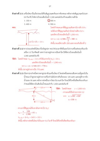 27
ตัวอย่ำงที่ 2.11 เครื่องโซนาร์ในเรือประมงได้รับสัญญาณสะท้อนของเสียงจากท้องทะเล หลังจากส่งสัญญาณ
ลงไปเวลา 0.4 วินาที ถ้าอัตราเร็วของเสียงในน้า 1,500 เมตรต่อวินาที ทะเลมีความลึกเท่าใด
1. 150 m 2. 300 m
3. 600 m 4. 900 m
ตัวอย่ำงที่ 2.12 ชาวประมงส่งคลื่นโซนาร์ไปยังฝูงปลา พบว่าช่วงเวลาที่คลื่นออกไปจากเครื่องส่งจนกลับมาถึง
เครื่อง 1.0 วินาทีพอดี จงหาว่าปลาอยู่ห่างจากเรือเท่าใด (ให้อัตราเร็วของเสียงในน้าเท่ากับ
1,540 เมตรต่อวินาที)
ตัวอย่ำงที่ 2.13 เรือหาปลาลาหนึ่งตรวจหาฝูงปลาด้วยเครื่องโซนาร์ โดยส่งคลื่นดลของเสียงความถี่สูงลงไปใน
น้าทะเล ถ้าฝูงปลาอยู่ห่างจากเครื่องกาเนิดไปทางหัวเรือระยะ 120 เมตร และอยู่ลึกจากผิว
น้าระยะ 90 เมตร หลังจากส่งคลื่นโซนาร์นานเท่าใด จึงจะได้รับคลื่นที่สะท้อนกลับมา
กาหนดให้อัตราเร็วเสียงในน้าทะเลเท่ากับ 1,500 เมตรต่อวินาที
90 m
120 m
s
120 m

ตอบ
วิธีทำ โจทย์กาหนด tไป-กลับ = 1.0 s ทาให้เวลาขาไป (tไป) = 0.5 s
และอัตราเร็วของเสียงในน้า = 1,540 m/s
จาก m
ดังนั้น ปลาอยู่ห่างจากเรือ 770 เมตร
- หาเวลาที่สัญญาณใช้เวลาเดินทางขาไป (tไป)
tไป = s
tไป-กลับ = 2x tไป = 2x0.1 = 0.2 s
ดังนั้น หลังจากส่งคลื่นโซนาร์เป็นเวลา 0.2 วินาที จึงจะได้รับคลื่นที่สะท้อนกลับมา
โจทย์กาหนดเวลาที่สัญญาณเดินทางไปและกลับ 0.4 s
จะได้เวลาที่สัญญาณเดินทางไปอย่างเดียว 0.2 s
และอัตราเร็วของเสียงในน้า 1,500 m/s
จาก m
ดังนั้น ทะเลมีความลึก 300 เมตร ตอบตัวเลือกที่ 2
วิธีทำ โจทย์กาหนด v = 1,500 m/s
- หาระยะที่เรือห่างจากปลา (s)
จาก
m
 