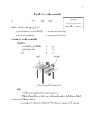 121
ใบงำนที่ 4 เรื่อง กำรเลี้ยวเบนของคลื่น
ชื่อ_____________________ชั้น_______เลขที่____ กลุ่มที่____
คำชี้แจง ให้นักเรียนแต่ละกลุ่มปฏิบัติ ดังนี้
1. อ่านวิธีทากิจกรรมการทดลองให้เข้าใจ 2. ตอบคาถามก่อนทากิจกรรม
3. ทากิจกรรมและบันทึกผล 4. ตอบคาถามหลังทากิจกรรม
กิจกรรมที่ 1.4 กำรเลี้ยวเบนของคลื่น
วัสดุอุปกรณ์
1.ถาดคลื่นพร้อมอุปกรณ์ติดตั้ง 1 ชุด
2.แท่งไม้หรือพลาสติก 2 อัน
3.น้า 1 ถ้วย
วิธีทำ
1. นาน้าใส่ถาดคลื่น แล้วนาแท่งไม้วางในลักษณะดังภาพ
2. ใช้ตัวทาคลื่นแตะน้าในถาดเป็นจังหวะอย่างสม่าเสมอสังเกตคลื่นน้าที่เกิดขึ้นและคลื่นน้าที่
ผ่านระหว่างแท่งไม้ทั้งสอง บันทึกผล
3. เปลี่ยนระยะห่างระหว่างแท่งไม้ทั้งสองทาซ้าข้อ 2 สังเกตลักษณะของคลื่นน้า บันทึกผล
ได้คะแนน
.....................................
คะแนนเต็ม 16 คะแนน
แท่งไม้ ตัวทาคลื่น
การจัดการทดลอง หลักของฮอยเกนส์
 