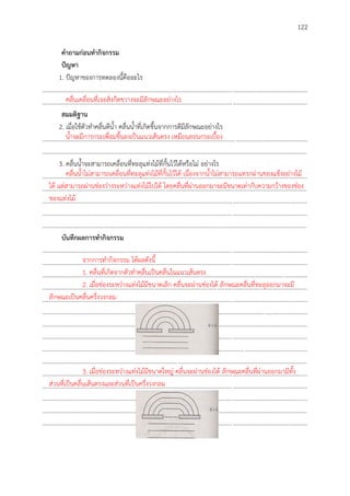 122
คำถำมก่อนทำกิจกรรม
ปัญหำ
1. ปัญหาของการทดลองนี้คืออะไร
..............................................................................................................................................................................
..............................................................................................................................................................................
สมมติฐำน
2. เมื่อใช้ตัวทาคลื่นตีน้า คลื่นน้าที่เกิดขึ้นจากการตีมีลักษณะอย่างไร
..............................................................................................................................................................................
..............................................................................................................................................................................
3. คลื่นน้าจะสามารถเคลื่อนที่ทะลุแท่งไม้ที่กั้นไว้ได้หรือไม่ อย่างไร
..............................................................................................................................................................................
..............................................................................................................................................................................
..............................................................................................................................................................................
..............................................................................................................................................................................
..............................................................................................................................................................................
บันทึกผลกำรทำกิจกรรม
..............................................................................................................................................................................
..............................................................................................................................................................................
..............................................................................................................................................................................
..............................................................................................................................................................................
..............................................................................................................................................................................
..............................................................................................................................................................................
..............................................................................................................................................................................
..............................................................................................................................................................................
..............................................................................................................................................................................
..............................................................................................................................................................................
..............................................................................................................................................................................
..............................................................................................................................................................................
..............................................................................................................................................................................
..............................................................................................................................................................................
..............................................................................................................................................................................
คลื่นเคลื่อนที่เจอสิ่งกีดขวางจะมีลักษณะอย่างไร
น้าจะมีการกระเพื่อมขึ้นลงเป็นแนวเส้นตรง เหมือนลอนกระเบื้อง
คลื่นน้าไม่สามารถเคลื่อนที่ทะลุแท่งไม้ที่กั้นไว้ได้ เนื่องจากน้าไม่สามารถแทรกผ่านของแข็งอย่างไม้
ได้ แต่สามารถผ่านช่องว่างระหว่างแท่งไม้ไปได้ โดยคลื่นที่ผ่านออกมาจะมีขนาดเท่ากับความกว้างของช่อง
ของแท่งไม้
จากการทากิจกรรม ได้ผลดังนี้
1. คลื่นที่เกิดจากตัวทาคลื่นเป็นคลื่นในแนวเส้นตรง
2. เมื่อช่องระหว่างแท่งไม้มีขนาดเล็ก คลื่นจะผ่านช่องได้ ลักษณะคลื่นที่ทะลุออกมาจะมี
ลักษณะเป็นคลื่นครึ่งวงกลม
3. เมื่อช่องระหว่างแท่งไม้มีขนาดใหญ่ คลื่นจะผ่านช่องได้ ลักษณะคลื่นที่ผ่านออกมามีทั้ง
ส่วนที่เป็นคลื่นเส้นตรงและส่วนที่เป็นครึ่งวงกลม
 