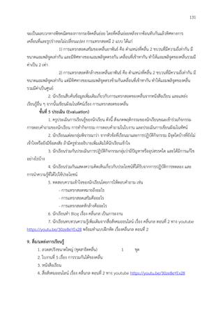 131
จะเป็นผลบวกทางพีชคณิตของการกระจัดคลื่นย่อย โดยที่คลื่นย่อยหลังจากซ้อนทับกันแล้วทิศทางการ
เคลื่อนที่และรูปร่างจะไม่เปลี่ยนแปลง การแทรกสอดมี 2 แบบ ได้แก่
1) การแทรกสอดเสริมของคลื่นอาพันธ์ คือ ตาแหน่งที่คลื่น 2 ขบวนที่มีความถี่เท่ากัน มี
ขนาดแอมพลิจูดเท่ากัน และมีทิศทางของแอมพลิจูดตรงกัน เคลื่อนที่เข้าหากัน ทาให้แอมพลิจูดของคลื่นรวมมี
ค่าเป็น 2 เท่า
2) การแทรกสอดหักล้างของคลื่นอาพันธ์ คือ ตาแหน่งที่คลื่น 2 ขบวนที่มีความถี่เท่ากัน มี
ขนาดแอมพลิจูดเท่ากัน แต่มีทิศทางของแอมพลิจูดตรงข้ามกันเคลื่อนที่เข้าหากัน ทาให้แอมพลิจูดของคลื่น
รวมมีค่าเป็นศูนย์
2. นักเรียนสืบค้นข้อมูลเพิ่มเติมเกี่ยวกับการแทรกสอดของคลื่นจากหนังสือเรียน และแหล่ง
เรียนรู้อื่น ๆ จากนั้นเขียนผังมโนทัศน์เรื่อง การแทรกสอดของคลื่น
ขั้นที่ 5 ประเมิน (Evaluation)
1. ครูประเมินการเรียนรู้ของนักเรียน ดังนี้ สังเกตพฤติกรรมของนักเรียนขณะเข้าร่วมกิจกรรม
การตอบคาถามของนักเรียน การทากิจกรรม การตอบคาถามในใบงาน และประเมินการเขียนผังมโนทัศน์
2. นักเรียนแต่ละกลุ่มพิจารณาว่า จากหัวข้อที่เรียนมาและการปฏิบัติกิจกรรม มีจุดใดบ้างที่ยังไม่
เข้าใจหรือยังมีข้อสงสัย ถ้ามีครูช่วยอธิบายเพิ่มเติมให้นักเรียนเข้าใจ
3. นักเรียนร่วมกันประเมินการปฏิบัติกิจกรรมกลุ่มว่ามีปัญหาหรืออุปสรรคใด และได้มีการแก้ไข
อย่างไรบ้าง
4. นักเรียนร่วมกันแสดงความคิดเห็นเกี่ยวกับประโยชน์ที่ได้รับจากการปฏิบัติการทดลอง และ
การนาความรู้ที่ได้ไปใช้ประโยชน์
5. ทดสอบความเข้าใจของนักเรียนโดยการให้ตอบคาถาม เช่น
- การแทรกสอดหมายถึงอะไร
- การแทรกสอดเสริมคืออะไร
- การแทรกสอดหักล้างคืออะไร
6. นักเรียนทา Blog เรื่อง คลื่นกล เป็นภาระงาน
7. นักเรียนทบทวนความรู้เพิ่มเติมจากสื่อสังคมออนไลน์ เรื่อง คลื่นกล ตอนที่ 2 ทาง youtube
https://youtu.be/30ze8eYEx28 พร้อมทาแบบฝึกหัด เรื่องคลื่นกล ตอนที่ 2
9. สื่อ/แหล่งกำรเรียนรู้
1. ลวดสปริงขนาดใหญ่ (ชุดสาธิตคลื่น) 1 ชุด
2. ใบงานที่ 5 เรื่อง การรวมกันได้ของคลื่น
3. หนังสือเรียน
4. สื่อสังคมออนไลน์ เรื่อง คลื่นกล ตอนที่ 2 ทาง youtube https://youtu.be/30ze8eYEx28
 