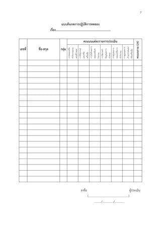 7
แบบสังเกตกำรปฏิบัติกำรทดลอง
เรื่อง..........................................................................
เลขที่ ชื่อ-สกุล กลุ่ม
คะแนนแต่ละรำยกำรประเมิน
คะแนนรวม(24)
การทดลองหรือ
ทากิจกรรมตาม
แผนที่กาหนด
การใช้อุปกรณ์
และ/หรือ
เครื่องมือ
การบันทึกผลการ
ทดลองหรือทา
กิจกรรม
การจัดกระทา
ข้อมูลและการ
นาเสนอ
การสรุปผลการ
ทดลองหรือการ
ทากิจกรรม
การดูแลและการ
เก็บอุปกรณ์และ/
หรือเครื่องมือ
ลงชื่อ ผู้ประเมิน
(.........................................................)
........../................/..............
 
