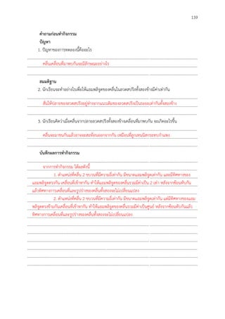 139
คำถำมก่อนทำกิจกรรม
ปัญหำ
1. ปัญหาของการทดลองนี้คืออะไร
..............................................................................................................................................................................
..............................................................................................................................................................................
..............................................................................................................................................................................
สมมติฐำน
2. นักเรียนจะทาอย่างไรเพื่อให้แอมพลิจูดของคลื่นในลวดสปริงทั้งสองข้างมีค่าเท่ากัน
..............................................................................................................................................................................
..............................................................................................................................................................................
..............................................................................................................................................................................
3. นักเรียนคิดว่าเมื่อคลื่นจากปลายลวดสปริงทั้งสองข้างเคลื่อนที่มาพบกัน จะเกิดอะไรขึ้น
..............................................................................................................................................................................
..............................................................................................................................................................................
..............................................................................................................................................................................
บันทึกผลกำรทำกิจกรรม
..............................................................................................................................................................................
..............................................................................................................................................................................
..............................................................................................................................................................................
..............................................................................................................................................................................
..............................................................................................................................................................................
..............................................................................................................................................................................
..............................................................................................................................................................................
..............................................................................................................................................................................
..............................................................................................................................................................................
..............................................................................................................................................................................
..............................................................................................................................................................................
..............................................................................................................................................................................
..............................................................................................................................................................................
..............................................................................................................................................................................
.
คลื่นเคลื่อนที่มาพบกันจะมีลักษณะอย่างไร
สั่นให้ปลายของลวดสปริงอยู่ห่างจากแนวเดิมของลวดสปริงเป็นระยะเท่ากันทั้งสองข้าง
คลื่นจะมาชนกันแล้วอาจจะสะท้อนออกจากกัน เหมือนที่ลูกเทนนิสกระทบกาแพง
จากการทากิจกรรม ได้ผลดังนี้
1. ตาแหน่งที่คลื่น 2 ขบวนที่มีความถี่เท่ากัน มีขนาดแอมพลิจูดเท่ากัน และมีทิศทางของ
แอมพลิจูดตรงกัน เคลื่อนที่เข้าหากัน ทาให้แอมพลิจูดของคลื่นรวมมีค่าเป็น 2 เท่า หลังจากซ้อนทับกัน
แล้วทิศทางการเคลื่อนที่และรูปร่างของคลื่นทั้งสองจะไม่เปลี่ยนแปลง
2. ตาแหน่งที่คลื่น 2 ขบวนที่มีความถี่เท่ากัน มีขนาดแอมพลิจูดเท่ากัน แต่มีทิศทางของแอม
พลิจูดตรงข้ามกันเคลื่อนที่เข้าหากัน ทาให้แอมพลิจูดของคลื่นรวมมีค่าเป็นศูนย์ หลังจากซ้อนทับกันแล้ว
ทิศทางการเคลื่อนที่และรูปร่างของคลื่นทั้งสองจะไม่เปลี่ยนแปลง
 