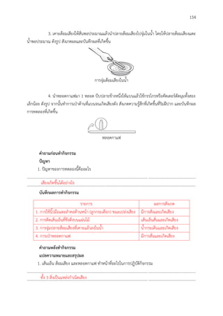 154
3. เคาะส้อมเสียงให้สั่นพอประมาณแล้วนาปลายส้อมเสียงไปจุ่มในน้า โดยให้ปลายส้อมเสียงแตะ
น้าพอประมาณ ดังรูป สังเกตผลและบันทึกผลที่เกิดขึ้น
การจุ่มส้อมเสียงในน้า
4. นาหลอดกาแฟมา 1 หลอด บีบปลายข้างหนึ่งให้แบนแล้วใช้กรรไกรหรือคัตเตอร์ตัดมุมทั้งสอง
เล็กน้อย ดังรูป จากนั้นทาการเป่าด้านที่แบนจนเกิดเสียงดัง สังเกตความรู้สึกที่เกิดขึ้นที่ริมฝีปาก และบันทึกผล
การทดลองที่เกิดขึ้น
หลอดกาแฟ
คำถำมก่อนทำกิจกรรม
ปัญหำ
1. ปัญหาของการทดลองนี้คืออะไร
..............................................................................................................................................................................
..............................................................................................................................................................................
บันทึกผลกำรทำกิจกรรม
คำถำมหลังทำกิจกรรม
แปลควำมหมำยและสรุปผล
1. เส้นเอ็น ส้อมเสียง และหลอดกาแฟ ทาหน้าที่อะไรในการปฏิบัติกิจกรรม
..............................................................................................................................................................................
..............................................................................................................................................................................
เสียงเกิดขึ้นได้อย่างไร
รายการ ผลการสังเกต
1. การใช้นิ้วมือแตะลาคอด้านหน้า (ลูกกระเดือก) ขณะเปล่งเสียง มีการสั่งและเกิดเสียง
2. การดีดเส้นเอ็นที่ขึงตึงบนแผ่นไม้ เส้นเอ็นสั่นและเกิดเสียง
3. การจุ่มปลายส้อมเสียงที่เคาะแล้วลงในน้า น้ากระเด็นและเกิดเสียง
4. การเป่าหลอดกาแฟ มีการสั่นและเกิดเสียง
ทั้ง 3 สิ่งเป็นแหล่งกาเนิดเสียง
 