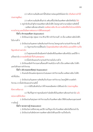 180
2.2 ระดับความเข้มเสียงเหล่านี้เป็นอันตรายต่อมนุษย์หรือไม่อย่างไร (เป็นอันตรายทาให้
ประสาทหูเสื่อม)
2.3 ระดับความเข้มเสียงตั้งแต่ 85 เดซิเบลขึ้นไปจัดเป็นมลพิษทางเสียงใช่หรือไม่ (ใช่)
3. ครูนานักเรียนเข้าสู่กิจกรรมมลพิษทางเสียงใกล้ตัว โดยครูถามคาถามกระตุ้นความคิดดังนี้
- มลพิษทางเสียงหมายถึงอะไร (มลพิษทางเสียง คือ สภาวะเสียงที่ดังเกินไปจนก่อให้เกิด
ความราคาญ และเป็นอันตรายต่อระบบการได้ยินของมนุษย์)
ขั้นที่ 2 สำรวจและค้นหำ (Exploration)
1. นักเรียนแบ่งกลุ่ม กลุ่มละ 4 คน ศึกษาวิธีการทากิจกรรมที่ 1.8 เรื่อง มลพิษทางเสียงใกล้ตัว
ในใบงานที่ 8
2. นักเรียนร่วมกันแสดงความคิดเห็นก่อนทากิจกรรม โดยครูถามคาถามก่อนทากิจกรรม ดังนี้
2.1 ปัญหาของกิจกรรมนี้คืออะไร (ในชุมชนมีมลพิษทางเสียงหรือไม่ และจะมีวิธีการแก้ไข
ปัญหาดังกล่าวอย่างไร)
2.2 ในชุมชนของนักเรียนมีแหล่งกาเนิดเสียงที่เป็นมลพิษทางเสียงหรือไม่ และมีวิธีการ
แก้ไขอย่างไร (อาจจะมีหรือไม่มี ขึ้นกับแต่ละชุมชน)
จากนั้นนักเรียนตอบคาถามก่อนทากิจกรรมในใบงานที่ 8
3. นักเรียนลงมือทากิจกรรมตามขั้นตอนที่กาหนดในใบงานที่ 8 เรื่อง มลพิษทางเสียง ใกล้ตัว
และบันทึกผลการทากิจกรรม
ขั้นที่ 3 อธิบำยและลงข้อสรุป (Explanation)
1. ตัวแทนนักเรียนแต่ละกลุ่มออกมานาเสนอผลการทากิจกรรมเรื่อง มลพิษทางเสียง-ใกล้ตัว
หน้าชั้นเรียน
2. นักเรียนร่วมกันแสดงความคิดเห็นเกี่ยวกับผลการทากิจกรรม โดยครูใช้คาถามหลังทา
กิจกรรม จากนั้นนักเรียนตอบคาถามดังนี้
2.1 การได้รับเสียงดังเกินกว่าที่กาหนดจะมีผลต่อการได้ยินอย่างไร (ประสาทหูเสื่อม
ชั่วคราวหรือถาวร)
2.2 วิธีแก้ปัญหาหากชุมชนมีแหล่งกาเนิดเสียงที่เป็นมลพิษทางเสียงจะทาอย่างไร (แจ้ง
หน่วยงานที่เกี่ยวข้อง)
3. นักเรียนร่วมกันสรุปผลการทากิจกรรมเกี่ยวกับมลพิษทางเสียง ให้ได้ประเด็นตามจุดประสงค์
การเรียนรู้
ขั้นที่ 4 ขยำยควำมรู้ (Elaboration)
1. นักเรียนวิเคราะห์ถึงสาเหตุ และวิธีการแก้ปัญหาเกี่ยวกับมลพิษทางเสียงในชีวิตประจาวัน
2. นักเรียนร่วมกันจัดนิทรรศการมลพิษทางเสียงใกล้ตัวและวิธีการแก้ไขป้องกัน
 