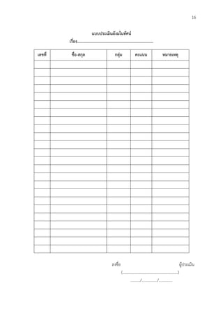16
แบบประเมินผังมโนทัศน์
เรื่อง..........................................................................
เลขที่ ชื่อ-สกุล กลุ่ม คะแนน หมำยเหตุ
ลงชื่อ ผู้ประเมิน
(.........................................................)
........../................/..............
 