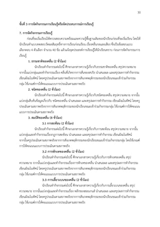 30
ขั้นที่ 3 กำรจัดกิจกรรมกำรเรียนรู้หรือจัดประสบกำรณ์กำรเรียนรู้
7. กำรจัดกิจกรรมกำรเรียนรู้
ก่อนที่จะเริ่มเรียนให้ตรวจสอบความพร้อมและความรู้พื้นฐานเดิมของนักเรียนก่อนที่จะเริ่มเรียน โดยให้
นักเรียนทาแบบทดสอบวัดผลสัมฤทธิ์ทางการเรียนก่อนเรียน เรื่องคลื่นกลและเสียง ซึ่งเป็นข้อสอบแบบ
เลือกตอบ 4 ตัวเลือก จานวน 40 ข้อ แล้วแจ้งจุดประสงค์การเรียนรู้ให้นักเรียนทราบ ก่อนการจัดกิจกรรมการ
เรียนรู้
1. ธรรมชำติของคลื่น (2 ชั่วโมง)
นักเรียนทากิจกรรมต่อไปนี้ ศึกษาเอกสารความรู้เกี่ยวกับธรรมชาติของคลื่น สรุปความหมาย
จากนั้นแบ่งกลุ่มและทากิจกรรมเรื่อง คลื่นที่เกิดจากการสั่นของสปริง นาเสนอผล และสรุปผลการทากิจกรรม
เขียนผังมโนทัศน์ โดยครูประเมินตามสภาพจริงจากการสังเกตพฤติกรรมของนักเรียนขณะเข้าร่วมกิจกรรม
กลุ่ม ใช้เกณฑ์การให้คะแนนแบบการประเมินตามสภาพจริง
2. ชนิดของคลื่น (2 ชั่วโมง)
นักเรียนทากิจกรรมต่อไปนี้ ศึกษาเอกสารความรู้เกี่ยวกับชนิดของคลื่น สรุปความหมาย จากนั้น
แบ่งกลุ่มสืบค้นข้อมูลเกี่ยวกับ ชนิดของคลื่น นาเสนอผล และสรุปผลการทากิจกรรม เขียนผังมโนทัศน์ โดยครู
ประเมินตามสภาพจริงจากการสังเกตพฤติกรรมของนักเรียนขณะเข้าร่วมกิจกรรมกลุ่ม ใช้เกณฑ์การให้คะแนน
แบบการประเมินตามสภาพจริง
3. สมบัติของคลื่น (8 ชั่วโมง)
3.1 กำรสะท้อน (2 ชั่วโมง)
นักเรียนทากิจกรรมต่อไปนี้ ศึกษาเอกสารความรู้เกี่ยวกับการสะท้อน สรุปความหมาย จากนั้น
แบ่งกลุ่มและทากิจกรรมเรื่องกฎการสะท้อน นาเสนอผล และสรุปผลการทากิจกรรม เขียนผังมโนทัศน์
จากนั้นครูประเมินตามสภาพจริงจากการสังเกตพฤติกรรมของนักเรียนขณะเข้าร่วมกิจกรรมกลุ่ม โดยใช้เกณฑ์
การให้คะแนนแบบการประเมินตามสภาพจริง
3.2 กำรหักเหของคลื่น (2 ชั่วโมง)
นักเรียนทากิจกรรมต่อไปนี้ ศึกษาเอกสารความรู้เกี่ยวกับการหักเหของคลื่น สรุป
ความหมาย จากนั้นแบ่งกลุ่มและทากิจกรรมเรื่องการหักเหของคลื่น นาเสนอผล และสรุปผลการทากิจกรรม
เขียนผังมโนทัศน์ โดยครูประเมินตามสภาพจริงจากการสังเกตพฤติกรรมของนักเรียนขณะเข้าร่วมกิจกรรม
กลุ่ม ใช้เกณฑ์การให้คะแนนแบบการประเมินตามสภาพจริง
3.3 กำรเลี้ยวเบนของคลื่น (2 ชั่วโมง)
นักเรียนทากิจกรรมต่อไปนี้ ศึกษาเอกสารความรู้เกี่ยวกับการเลี้ยวเบนของคลื่น สรุป
ความหมาย จากนั้นแบ่งกลุ่มและทากิจกรรมเรื่อง หลักของฮอยเกนส์ นาเสนอผล และสรุปผลการทากิจกรรม
เขียนผังมโนทัศน์ โดยครูประเมินตามสภาพจริงจากการสังเกตพฤติกรรมของนักเรียนขณะเข้าร่วมกิจกรรม
กลุ่ม ใช้เกณฑ์การให้คะแนนแบบการประเมินตามสภาพจริง
 
