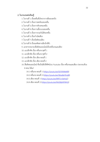 33
2. ใบงำน/แหล่งเรียนรู้
1. ใบงานที่ 1 เรื่องคลื่นที่เกิดจากการสั่นของสปริง
2. ใบงานที่ 2 เรื่องการสะท้อนของคลื่น
3. ใบงานที่ 3 เรื่องการหักเหของคลื่น
4. ใบงานที่ 4 เรื่องการเลี้ยวเบนของคลื่น
5. ใบงานที่ 5 เรื่องการรวมกันได้ของคลื่น
6. ใบงานที่ 6 เรื่องกาเนิดเสียง
7. ใบงานที่ 7 เรื่องบีตส์ของเสียง
8. ใบงานที่ 8 เรื่องมลพิษทางเสียงใกล้ตัว
9. เอกสารประกอบสื่อสังคมออนไลน์เรื่องคลื่นกลและเสียง
10. แบบฝึกหัด เรื่อง คลื่นกล ชุดที่ 1
11. แบบฝึกหัด เรื่อง คลื่นกล ชุดที่ 2
12. แบบฝึกหัด เรื่อง เสียง ตอนที่ 1
13. แบบฝึกหัด เรื่อง เสียง ตอนที่ 2
14. สื่อสังคมออนไลน์ ซึ่งเป็นสื่อวีดิทัศน์บน Youtube เรื่อง คลื่นกลและเสียง ประกอบด้วย
4 ตอน ได้แก่
14.1 คลื่นกล ตอนที่ 1 (https://youtu.be/GEVXMtkItf8)
14.2 คลื่นกล ตอนที่ 2 (https://youtu.be/30ze8eYEx28)
14.3 เสียง ตอนที่ 1 (https://youtu.be/BRF5-n3eHuE)
14.4 เสียง ตอนที่ 2 (https://youtu.be/WdS8jtAPWhQ)
 