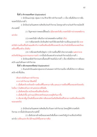 60
ขั้นที่ 2 สำรวจและค้นหำ (Exploration)
1. นักเรียนแบ่งกลุ่ม กลุ่มละ 4 คน ศึกษาวิธีการทากิจกรรมที่ 1.1 เรื่อง คลื่นที่เกิดจากการสั่น
ของสปริงในใบงานที่ 1
2. นักเรียนร่วมกันแสดงความคิดเห็นก่อนทากิจกรรม โดยครูถามคาถามก่อนทากิจกรรมโดยใช้
คาถามดังนี้
2.1 ปัญหาของการทดลองนี้คืออะไร (เมื่อลวดสปริงสั่น ลวดสปริงมีการถ่ายทอดพลังงาน
อย่างไร)
2.2 ลวดสปริงมีการสั่นเป็นการถ่ายทอดพลังงานหรือไม่ (เป็น)
2.3 การสั่นลวดสปริง นักเรียนคิดว่าจะทาให้ลวดสปริงมีการเปลี่ยนแปลงอย่างไร (ลวด
สปริงมีการเคลื่อนที่ในลักษณะเดียวกับการเคลื่อนที่ของมือที่จับลวดสปริง เช่น ถ้าขยับมือขึ้นลงลวดสปริงจะ
เคลื่อนที่ขึ้นลงด้วย เป็นต้น)
2.4 การที่ลวดสปริงหรือวัสดุต่าง ๆ มีการเคลื่อนที่ได้ เกิดจากสาเหตุใด (แสดงว่าลวด
สปริงหรือวัตถุถูกแรงภายนอกมากระทา) จากนั้นนักเรียนตอบคาถามก่อนทากิจกรรมในใบงานที่ 1
3. นักเรียนลงมือทากิจกรรมตามขั้นตอนที่กาหนดในใบงานที่ 1 เรื่อง คลื่นที่เกิดจากการสั่นของ
สปริง และบันทึกผลการทากิจกรรม
ขั้นที่ 3 อธิบำยและลงข้อสรุป (Explanation)
1. ตัวแทนนักเรียนแต่ละกลุ่มออกมานาเสนอผลการทากิจกรรมเรื่อง คลื่นที่เกิดจากการสั่นของ
สปริง หน้าชั้นเรียน
(ตัวอย่างบันทึกผลการทากิจกรรม
จากการทากิจกรรม ได้ผลดังนี้
1. เมื่อสั่นสปริง สปริงจะมีการเคลื่อนที่ขึ้นลงตามการสั่น และแนวการเคลื่อนที่ขึ้นลงของสปริงจะขยับ
ไปเรื่อย ๆ ในทิศตรงข้ามจากตาแหน่งปลายที่เริ่มสั่น
2. เมื่อสั่นต่อเนื่อง สปริงจะเคลื่อนที่ต่อเนื่องด้วย
3. เมื่อสั่นเร็วขึ้น รูปร่างแนวโค้งของสปริงจะแคบลงอยู่ชิดกันมากขึ้น
4. เชือกฟางที่ผูกไว้จะสั่นขึ้นลงตามทิศการสั่นของสปริแต่ไม่ได้เคลื่อนที่ไปตามการเคลื่อนที่ของแนวโค้ง
ของลวดสปริง)
2. นักเรียนร่วมกันแสดงความคิดเห็นเกี่ยวกับผลการทากิจกรรม โดยครูใช้คาถามหลังทา
กิจกรรม จากนั้นนักเรียนตอบคาถามดังนี้
2.1 เมื่อจับปลายข้างหนึ่งของลวดสปริงสั่นขึ้นลง ลวดสปริงมีรูปร่างเปลี่ยนไปหรือไม่
อย่างไร (เปลี่ยนแปลง คือ มีลักษณะโค้งขึ้นลงตามการสั่น)
 