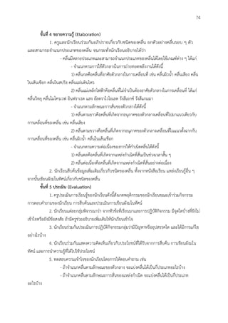74
ขั้นที่ 4 ขยำยควำมรู้ (Elaboration)
1. ครูและนักเรียนร่วมกันอภิปรายเกี่ยวกับชนิดของคลื่น ยกตัวอย่างคลื่นรอบ ๆ ตัว
และสามารถจาแนกประเภทของคลื่น จนกระทั่งนักเรียนอธิบายได้ว่า
- คลื่นมีหลายประเภทและสามารถจาแนกประเภทของคลื่นได้โดยใช้เกณฑ์ต่าง ๆ ได้แก่
- จาแนกตามการใช้ตัวกลางในการถ่ายทอดพลังงานได้ดังนี้
1) คลื่นกลคือคลื่นที่อาศัยตัวกลางในการเคลื่อนที่ เช่น คลื่นผิวน้า คลื่นเสียง คลื่น
ในเส้นเชือก คลื่นในสปริง คลื่นแผ่นดินไหว
2) คลื่นแม่เหล็กไฟฟ้าคือคลื่นที่ไม่จาเป็นต้องอาศัยตัวกลางในการเคลื่อนที่ ได้แก่
คลื่นวิทยุ คลื่นไมโครเวฟ อินฟราเรด แสง อัลตราไวโอเลต รังสีเอกซ์ รังสีแกมมา
- จาแนกตามลักษณะการสั่นของตัวกลางได้ดังนี้
1) คลื่นตามยาวคือคลื่นที่เกิดจากอนุภาคของตัวกลางเคลื่อนที่ไปมาแนวเดียวกับ
การเคลื่อนที่ของคลื่น เช่น คลื่นเสียง
2) คลื่นตามขวางคือคลื่นที่เกิดจากอนุภาคของตัวกลางเคลื่อนที่ในแนวตั้งฉากกับ
การเคลื่อนที่ของคลื่น เช่น คลื่นผิวน้า คลื่นในเส้นเชือก
- จาแนกตามความต่อเนื่องของการให้กาเนิดคลื่นได้ดังนี้
1) คลื่นดลคือคลื่นที่เกิดจากแหล่งกาเนิดที่สั่นเป็นช่วงเวลาสั้น ๆ
2) คลื่นต่อเนื่องคือคลื่นที่เกิดจากแหล่งกาเนิดที่สั่นอย่างต่อเนื่อง
2. นักเรียนสืบค้นข้อมูลเพิ่มเติมเกี่ยวกับชนิดของคลื่น ทั้งจากหนังสือเรียน แหล่งเรียนรู้อื่น ๆ
จากนั้นเขียนผังมโนทัศน์เกี่ยวกับชนิดของคลื่น
ขั้นที่ 5 ประเมิน (Evaluation)
1. ครูประเมินการเรียนรู้ของนักเรียนดังนี้สังเกตพฤติกรรมของนักเรียนขณะเข้าร่วมกิจกรรม
การตอบคาถามของนักเรียน การสืบค้นและประเมินการเขียนผังมโนทัศน์
2. นักเรียนแต่ละกลุ่มพิจารณาว่า จากหัวข้อที่เรียนมาและการปฏิบัติกิจกรรม มีจุดใดบ้างที่ยังไม่
เข้าใจหรือยังมีข้อสงสัย ถ้ามีครูช่วยอธิบายเพิ่มเติมให้นักเรียนเข้าใจ
3. นักเรียนร่วมกันประเมินการปฏิบัติกิจกรรมกลุ่มว่ามีปัญหาหรืออุปสรรคใด และได้มีการแก้ไข
อย่างไรบ้าง
4. นักเรียนร่วมกันแสดงความคิดเห็นเกี่ยวกับประโยชน์ที่ได้รับจากการสืบค้น การเขียนผังมโน
ทัศน์ และการนาความรู้ที่ได้ไปใช้ประโยชน์
5. ทดสอบความเข้าใจของนักเรียนโดยการให้ตอบคาถาม เช่น
- ถ้าจาแนกคลื่นตามลักษณะของตัวกลาง จะแบ่งคลื่นได้เป็นกี่ประเภทอะไรบ้าง
- ถ้าจาแนกคลื่นตามลักษณะการสั่นของแหล่งกาเนิด จะแบ่งคลื่นได้เป็นกี่ประเภท
อะไรบ้าง
 
