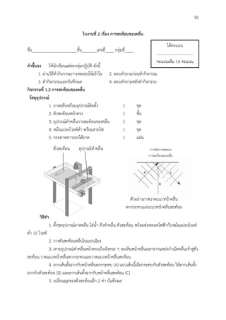 90
ตัวสะท้อน อุปกรณ์ทาคลื่น
ใบงำนที่ 2 เรื่อง กำรสะท้อนของคลื่น
ชื่อ_____________________ชั้น_______เลขที่____ กลุ่มที่____
คำชี้แจง ให้นักเรียนแต่ละกลุ่มปฏิบัติ ดังนี้
1. อ่านวิธีทากิจกรรมการทดลองให้เข้าใจ 2. ตอบคาถามก่อนทากิจกรรม
3. ทากิจกรรมและบันทึกผล 4. ตอบคาถามหลังทากิจกรรม
กิจกรรมที่ 1.2 กำรสะท้อนของคลื่น
วัสดุอุปกรณ์
1. ถาดคลื่นพร้อมอุปกรณ์ติดตั้ง 1 ชุด
2. ตัวสะท้อนหน้าตรง 1 ชิ้น
3. อุปกรณ์ทาคลื่นการสะท้อนของคลื่น 1 ชุด
4. หม้อแปลงโวลต์ต่า พร้อมสายไฟ 1 ชุด
5. กระดาษขาวรองใต้ถาด 1 แผ่น
วิธีทำ
1. ตั้งชุดอุปกรณ์ถาดคลื่น ใส่น้า ตัวทาคลื่น ตัวสะท้อน พร้อมต่อหลอดไฟฟ้ากับหม้อแปลงโวลต์
ต่า 12 โวลต์
2. วางตัวสะท้อนคลื่นในแนวเฉียง
3. เคาะอุปกรณ์ทาคลื่นหน้าตรงเป็นจังหวะ ๆ จะเห็นหน้าคลื่นออกจากแหล่งกาเนิดคลื่นเข้าสู่ตัว
สะท้อน วาดแนวหน้าคลื่นตกกระทบและวาดแนวหน้าคลื่นสะท้อน
4. ลากเส้นตั้งฉากกับหน้าคลื่นตกกระทบ (A) แนวเส้นนี้เมื่อกระทบกับตัวสะท้อน ให้ลากเส้นตั้ง
ฉากกับตัวสะท้อน (B) และลากเส้นตั้งฉากกับหน้าคลื่นสะท้อน (C)
5. เปลี่ยนมุมของตัวสะท้อนอีก 2 ค่า บันทึกผล
ได้คะแนน
.....................................
คะแนนเต็ม 16 คะแนน
การจัดการทดลอง
การสะท้อนของคลื่น
ตัวอย่างภาพวาดแนวหน้าคลื่น
ตกกระทบและแนวหน้าคลื่นสะท้อน
 