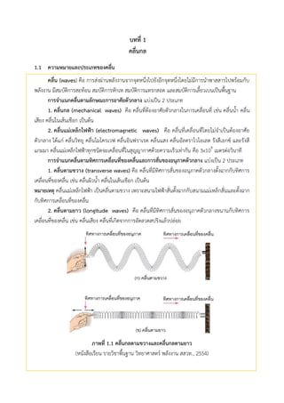 บทที่ 1
คลื่นกล
ความหมายและประเภทของคลื่น1.1
คลื่น (waves) คือ การส่งผ่านพลังงานจากจุดหนึ่งไปยังอีกจุดหนึ่งโดยไม่มีการนาพาสสารไปพร้อมกับ
พลังงาน มีสมบัติการสะท้อน สมบัติการหักเห สมบัติการแทรกสอด และสมบัติการเลี้ยวเบนเป็นพื้นฐาน
การจาแนกคลื่นตามลักษณะการอาศัยตัวกลาง แบ่งเป็น 2 ประเภท
1. คลื่นกล (mechanical waves) คือ คลื่นที่ต้องอาศัยตัวกลางในการเคลื่อนที่ เช่น คลื่นน้า คลื่น
เสียง คลื่นในเส้นเชือก เป็นต้น
2. คลื่นแม่เหล็กไฟฟ้า (electromagnetic waves) คือ คลื่นที่เคลื่อนที่โดยไม่จาเป็นต้องอาศัย
ตัวกลาง ได้แก่ คลื่นวิทยุ คลื่นไมโครเวฟ คลื่นอินฟราเรด คลื่นแสง คลื่นอัลตราไวโอเลต รังสีเอกซ์ และรังสี
แกมมา คลื่นแม่เหล็กไฟฟ้าทุกชนิดจะเคลื่อนที่ในสุญญากาศด้วยความเร็วเท่ากัน คือ 3x108
เมตรต่อวินาที
การจาแนกคลื่นตามทิศการเคลื่อนที่ของคลื่นและการสั่นของอนุภาคตัวกลาง แบ่งเป็น 2 ประเภท
1. คลื่นตามขวาง (transverse waves) คือ คลื่นที่มีทิศการสั่นของอนุภาคตัวกลางตั้งฉากกับทิศการ
เคลื่อนที่ของคลื่น เช่น คลื่นผิวน้า คลื่นในเส้นเชือก เป็นต้น
หมายเหตุ คลื่นแม่เหล็กไฟฟ้า เป็นคลื่นตามขวาง เพราะสนามไฟฟ้าสั่นตั้งฉากกับสนามแม่เหล็กสั่นและตั้งฉาก
กับทิศการเคลื่อนที่ของคลื่น
2. คลื่นตามยาว (longitude waves) คือ คลื่นที่มีทิศการสั่นของอนุภาคตัวกลางขนานกับทิศการ
เคลื่อนที่ของคลื่น เช่น คลื่นเสียง คลื่นที่เกิดจากการอัดลวดสปริงแล้วปล่อย
ภาพที่ 1.1 คลื่นกลตามขวางและคลื่นกลตามยาว
(หนังสือเรียน รายวิชาพื้นฐาน วิทยาศาสตร์ พลังงาน สสวท., 2554)
 