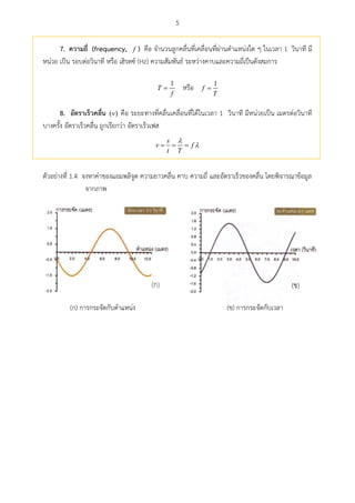 5
7. ความถี่ (frequency, f ) คือ จานวนลูกคลื่นที่เคลื่อนที่ผ่านตาแหน่งใด ๆ ในเวลา 1 วินาที มี
หน่วย เป็น รอบต่อวินาที หรือ เฮิรตซ์ (Hz) ความสัมพันธ์ ระหว่างคาบและความถี่เป็นดังสมการ
1
T
f
หรือ 1
f
T
8. อัตราเร็วคลื่น ( )v คือ ระยะทางที่คลื่นเคลื่อนที่ได้ในเวลา 1 วินาที มีหน่วยเป็น เมตรต่อวินาที
บางครั้ง อัตราเร็วคลื่น ถูกเรียกว่า อัตราเร็วเฟส
  
s
v f
t T


ตัวอย่างที่ 1.4 จงหาค่าของแอมพลิจูด ความยาวคลื่น คาบ ความถี่ และอัตราเร็วของคลื่น โดยพิจารณาข้อมูล
จากภาพ
(ก) การกระจัดกับตาแหน่ง (ข) การกระจัดกับเวลา
 