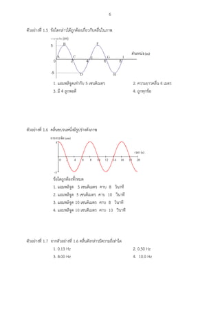 6
ตัวอย่างที่ 1.5 ข้อใดกล่าวได้ถูกต้องเกี่ยวกับคลื่นในภาพ
1. แอมพลิจูดเท่ากับ 5 เซนติเมตร 2. ความยาวคลื่น 4 เมตร
3. มี 4 ลูกพอดี 4. ถูกทุกข้อ
ตัวอย่างที่ 1.6 คลื่นขบวนหนึ่งมีรูปร่างดังภาพ
0 2 4 6 8 10 12 14 16 18 20
-5
5
  (cm)
(s)
ข้อใดถูกต้องทั้งหมด
1. แอมพลิจูด 5 เซนติเมตร คาบ 8 วินาที
2. แอมพลิจูด 5 เซนติเมตร คาบ 10 วินาที
3. แอมพลิจูด 10 เซนติเมตร คาบ 8 วินาที
4. แอมพลิจูด 10 เซนติเมตร คาบ 10 วินาที
ตัวอย่างที่ 1.7 จากตัวอย่างที่ 1.6 คลื่นดังกล่าวมีความถี่เท่าใด
1. 0.13 Hz 2. 0.50 Hz
3. 8.00 Hz 4. 10.0 Hz
 