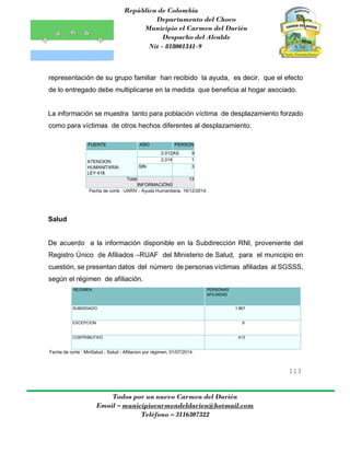 República de Colombia
Departamento del Choco
Municipio el Carmen del Darién
Despacho del Alcalde
Nit - 818001341-9
113
Todos por un nuevo Carmen del Darién
Email – municipiocarmendeldarien@hotmail.com
Teléfono – 3116307322
representación de su grupo familiar han recibido la ayuda, es decir, que el efecto
de lo entregado debe multiplicarse en la medida que beneficia al hogar asociado.
La información se muestra tanto para población víctima de desplazamiento forzado
como para víctimas de otros hechos diferentes al desplazamiento.
FUENTE AÑO PERSON
ATENCION
HUMANITARIA
LEY 418
2.012AS 9
2.014 1
SIN 3
Total
INFORMACIÓN0
13
Fecha de corte : UARIV - Ayuda Humanitaria, 16/12/2014.
Salud
De acuerdo a la información disponible en la Subdirección RNI, proveniente del
Registro Único de Afiliados –RUAF del Ministerio de Salud, para el municipio en
cuestión, se presentan datos del número de personas víctimas afiliadas al SGSSS,
según el régimen de afiliación.
REGIMEN PERSONAS
AFILIADAS
SUBSIDIADO 1.867
EXCEPCION 9
CONTRIBUTIVO 413
Fecha de corte : MinSalud - Salud - Afiliacion por régimen, 01/07/2014.
 