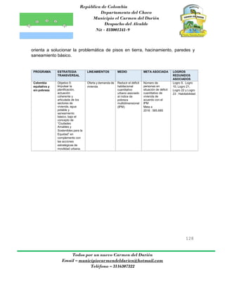 República de Colombia
Departamento del Choco
Municipio el Carmen del Darién
Despacho del Alcalde
Nit - 818001341-9
128
Todos por un nuevo Carmen del Darién
Email – municipiocarmendeldarien@hotmail.com
Teléfono – 3116307322
orienta a solucionar la problemática de pisos en tierra, hacinamiento, paredes y
saneamiento básico.
PROGRAMA ESTRATEGIA
TRANSVERSAL
LINEAMIENTOS MEDIO META ASOCIADA LOGROS
REDUNIDOS
ASOCIADOS
Colombia
equitativa y
sin pobreza
Objetivo 5:
Impulsar la
planificación,
actuación
coherente y
articulada de los
sectores de
vivienda, agua
potable y
saneamiento
básico, bajo el
concepto de
“Ciudades
Amables y
Sostenibles para la
Equidad” en
complemento con
las acciones
estratégicas de
movilidad urbana.
Oferta y demanda de
vivienda
Reducir el déficit
habitacional
cuantitativo
urbano asociado
al índice de
pobreza
multidimensional
(IPM)
Número de
personas en
situación de déficit
cuantitativo de
vivienda de
acuerdo con el
IPM
Meta a
2018 : 565.685
Logro 9, Logro
10, Logro 21,
Logro 22 y Logro
23 : Habitabilidad
 