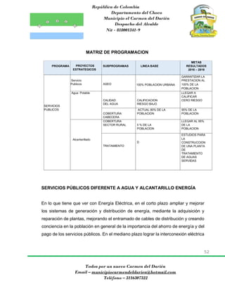 República de Colombia
Departamento del Choco
Municipio el Carmen del Darién
Despacho del Alcalde
Nit - 818001341-9
52
Todos por un nuevo Carmen del Darién
Email – municipiocarmendeldarien@hotmail.com
Teléfono – 3116307322
MATRIZ DE PROGRAMACION
PROGRAMA PROYECTOS
ESTRATEGICOS
SUBPROGRAMAS LINEA BASE
METAS
RESULTADOS
2016 – 2019
SERVICIOS
PUBLICOS
Servicio
Publicos ASEO 100% POBLACION URBANA
GARANTIZAR LA
PRESTACION AL
100% DE LA
POBLACION
Agua Potable
CALIDAD
DEL AGUA
CALIFICACION
RIESGO BAJO
LLEGAR A
CALIFICAR
CERO RIESGO
COBERTURA
CABECERA
ACTUAL 80% DE LA
POBLACION
95% DE LA
POBLACION
Alcantarillado
COBERTURA
SECTOR RURAL 5 % DE LA
POBLACION
LLEGAR AL 95%
DE LA
POBLACION
TRATAMIENTO
D
ESTUDIOS PARA
LA
CONSTRUCCION
DE UNA PLANTA
DE
TRATAMIENTO
DE AGUAS
SERVIDAS
SERVICIOS PÚBLICOS DIFERENTE A AGUA Y ALCANTARILLO ENERGÍA
En lo que tiene que ver con Energía Eléctrica, en el corto plazo ampliar y mejorar
los sistemas de generación y distribución de energía, mediante la adquisición y
reparación de plantas, mejorando el entramado de cables de distribución y creando
conciencia en la población en general de la importancia del ahorro de energía y del
pago de los servicios públicos. En el mediano plazo lograr la interconexión eléctrica
 