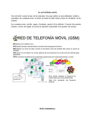 La red telefónica móvil:
Una red móvil consta de una red de estaciones base que cubren un área delimitada (celda) y
encaminan las comunicaciones en forma de ondas de radio desde y hasta los terminales de los
usuarios.
Las comunicaciones móviles siguen el principio general de la telefonía: Conectar dos usuarios
remotos a través del equipo de red de un operador responsable de la gestión del servicio.
Redes inalámbricas:
 