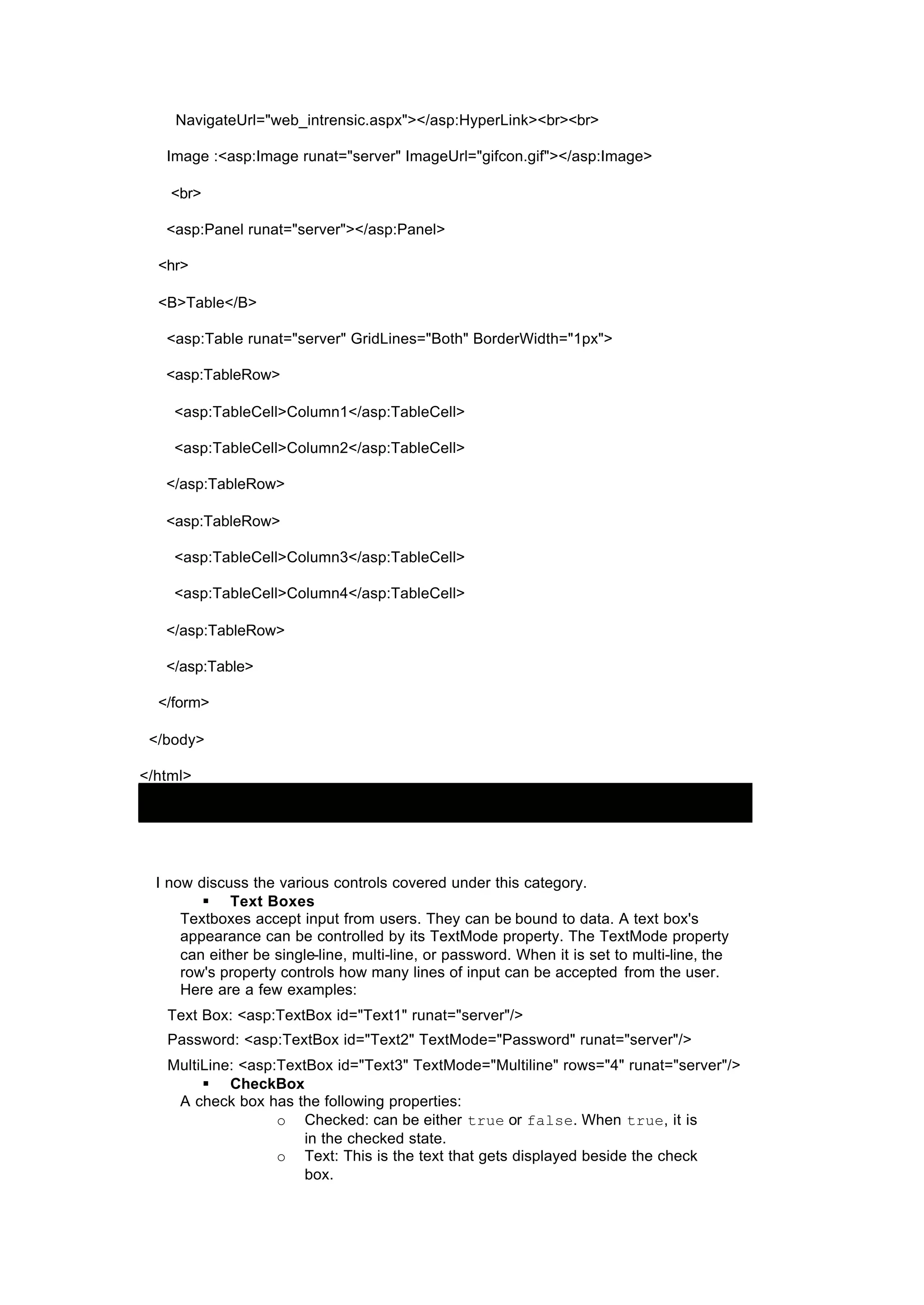 NavigateUrl="web_intrensic.aspx"></asp:HyperLink><br><br>
Image :<asp:Image runat="server" ImageUrl="gifcon.gif"></asp:Image>
<br>
<asp:Panel runat="server"></asp:Panel>
<hr>
<B>Table</B>
<asp:Table runat="server" GridLines="Both" BorderWidth="1px">
<asp:TableRow>
<asp:TableCell>Column1</asp:TableCell>
<asp:TableCell>Column2</asp:TableCell>
</asp:TableRow>
<asp:TableRow>
<asp:TableCell>Column3</asp:TableCell>
<asp:TableCell>Column4</asp:TableCell>
</asp:TableRow>
</asp:Table>
</form>
</body>
</html>
I now discuss the various controls covered under this category.
§ Text Boxes
Textboxes accept input from users. They can be bound to data. A text box's
appearance can be controlled by its TextMode property. The TextMode property
can either be single-line, multi-line, or password. When it is set to multi-line, the
row's property controls how many lines of input can be accepted from the user.
Here are a few examples:
Text Box: <asp:TextBox id="Text1" runat="server"/>
Password: <asp:TextBox id="Text2" TextMode="Password" runat="server"/>
MultiLine: <asp:TextBox id="Text3" TextMode="Multiline" rows="4" runat="server"/>
§ CheckBox
A check box has the following properties:
o Checked: can be either true or false. When true, it is
in the checked state.
o Text: This is the text that gets displayed beside the check
box.
 