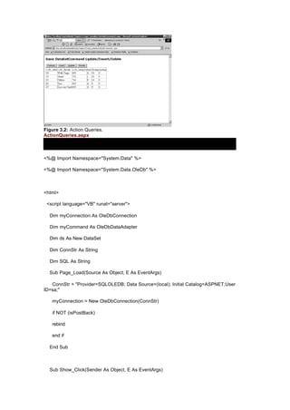 Figure 3.2: Action Queries.
ActionQueries.aspx
<%@ Import Namespace="System.Data" %>
<%@ Import Namespace="System.Data.OleDb" %>
<html>
<script language="VB" runat="server">
Dim myConnection As OleDbConnection
Dim myCommand As OleDbDataAdapter
Dim ds As New DataSet
Dim ConnStr As String
Dim SQL As String
Sub Page_Load(Source As Object, E As EventArgs)
ConnStr = "Provider=SQLOLEDB; Data Source=(local); Initial Catalog=ASPNET;User
ID=sa;"
myConnection = New OleDbConnection(ConnStr)
if NOT (isPostBack)
rebind
end if
End Sub
Sub Show_Click(Sender As Object, E As EventArgs)
 