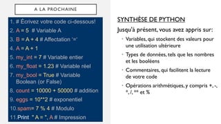 A LA PROCHAINE
SYNTHÈSE DE PYTHON
Jusqu'à présent, vous avez appris sur:
• Variables, qui stockent des valeurs pour
une utilisation ultérieure
• Types de données, tels que les nombres
et les booléens
• Commentaires, qui facilitent la lecture
de votre code
• Opérations arithmétiques, y compris +, -,
*, /, ** et %
1. # Écrivez votre code ci-dessous!
2. A = 5 # Variable A
3. B = A + 4 # Affectation ‘=‘
4. A = A + 1
5. my_int = 7 # Variable entier
6. my_float = 1.23 # Variable réel
7. my_bool = True # Variable
Boolean (or False)
8. count = 10000 + 50000 # addition
9. eggs = 10**2 # exponentiel
10.spam= 7 % 4 # Modulo
11.Print " A = ", A # Impression
 