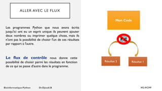 ALLER AVEC LE FLUX
Les programmes Python que nous avons écrits
jusqu'ici ont eu un esprit unique: ils peuvent ajouter
deux nombres ou imprimer quelque chose, mais ils
n'ont pas la possibilité de choisir l'un de ces résultats
par rapport à l'autre.
Résultat 2
Mon Code
Résultat 1
?
Le flux de contrôle nous donne cette
possibilité de choisir parmi les résultats en fonction
de ce qui se passe d'autre dans le programme.
F_C
 