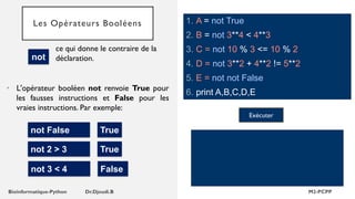 Les Opérateurs Booléens 1. A = not True
2. B = not 3**4 < 4**3
3. C = not 10 % 3 <= 10 % 2
4. D = not 3**2 + 4**2 != 5**2
5. E = not not False
6. print A,B,C,D,E
Exécuter
• L'opérateur booléen not renvoie True pour
les fausses instructions et False pour les
vraies instructions. Par exemple:
not False True
not 2 > 3 True
not
ce qui donne le contraire de la
déclaration.
not 3 < 4 False
 