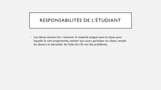 RESPONSABILITÉS DE L'ÉTUDIANT
• Les élèves doivent lire / visionner le matériel assigné avant la classe pour
laquelle ils sont programmés, assister aux cours, participer en classe, remplir
les devoirs et demander de l'aide tôt s'ils ont des problèmes.
 