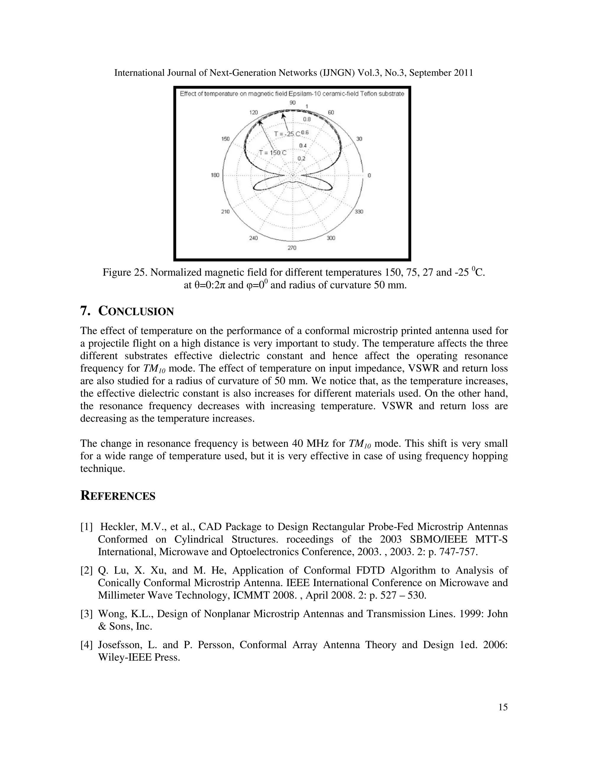 International Journal of Next-Generation Networks (IJNGN) Vol.3, No.3, September 2011
15
Figure 25. Normalized magnetic field for different temperatures 150, 75, 27 and -25 0
C.
at θ=0:2π and φ=00
and radius of curvature 50 mm.
7. CONCLUSION
The effect of temperature on the performance of a conformal microstrip printed antenna used for
a projectile flight on a high distance is very important to study. The temperature affects the three
different substrates effective dielectric constant and hence affect the operating resonance
frequency for TM10 mode. The effect of temperature on input impedance, VSWR and return loss
are also studied for a radius of curvature of 50 mm. We notice that, as the temperature increases,
the effective dielectric constant is also increases for different materials used. On the other hand,
the resonance frequency decreases with increasing temperature. VSWR and return loss are
decreasing as the temperature increases.
The change in resonance frequency is between 40 MHz for TM10 mode. This shift is very small
for a wide range of temperature used, but it is very effective in case of using frequency hopping
technique.
REFERENCES
[1] Heckler, M.V., et al., CAD Package to Design Rectangular Probe-Fed Microstrip Antennas
Conformed on Cylindrical Structures. roceedings of the 2003 SBMO/IEEE MTT-S
International, Microwave and Optoelectronics Conference, 2003. , 2003. 2: p. 747-757.
[2] Q. Lu, X. Xu, and M. He, Application of Conformal FDTD Algorithm to Analysis of
Conically Conformal Microstrip Antenna. IEEE International Conference on Microwave and
Millimeter Wave Technology, ICMMT 2008. , April 2008. 2: p. 527 – 530.
[3] Wong, K.L., Design of Nonplanar Microstrip Antennas and Transmission Lines. 1999: John
& Sons, Inc.
[4] Josefsson, L. and P. Persson, Conformal Array Antenna Theory and Design 1ed. 2006:
Wiley-IEEE Press.
 