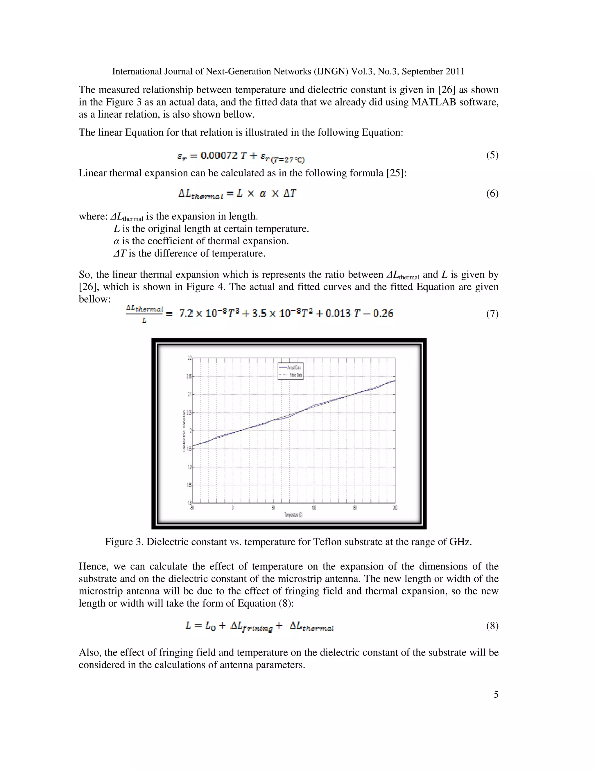 International Journal of Next-Generation Networks (IJNGN) Vol.3, No.3, September 2011
5
The measured relationship between temperature and dielectric constant is given in [26] as shown
in the Figure 3 as an actual data, and the fitted data that we already did using MATLAB software,
as a linear relation, is also shown bellow.
The linear Equation for that relation is illustrated in the following Equation:
(5)
Linear thermal expansion can be calculated as in the following formula [25]:
(6)
where: ∆Lthermal is the expansion in length.
L is the original length at certain temperature.
α is the coefficient of thermal expansion.
∆T is the difference of temperature.
So, the linear thermal expansion which is represents the ratio between ∆Lthermal and L is given by
[26], which is shown in Figure 4. The actual and fitted curves and the fitted Equation are given
bellow:
(7)
Figure 3. Dielectric constant vs. temperature for Teflon substrate at the range of GHz.
Hence, we can calculate the effect of temperature on the expansion of the dimensions of the
substrate and on the dielectric constant of the microstrip antenna. The new length or width of the
microstrip antenna will be due to the effect of fringing field and thermal expansion, so the new
length or width will take the form of Equation (8):
(8)
Also, the effect of fringing field and temperature on the dielectric constant of the substrate will be
considered in the calculations of antenna parameters.
 
