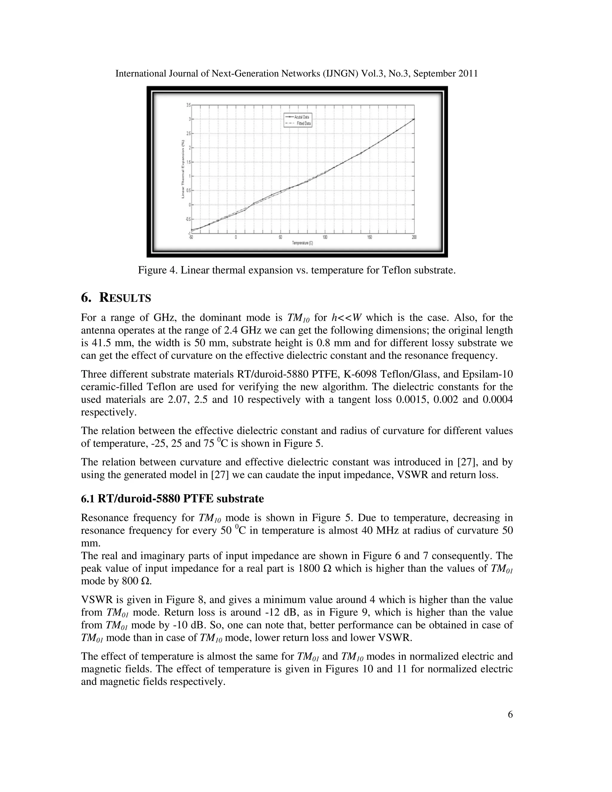 International Journal of Next-Generation Networks (IJNGN) Vol.3, No.3, September 2011
6
Figure 4. Linear thermal expansion vs. temperature for Teflon substrate.
6. RESULTS
For a range of GHz, the dominant mode is TM10 for h<<W which is the case. Also, for the
antenna operates at the range of 2.4 GHz we can get the following dimensions; the original length
is 41.5 mm, the width is 50 mm, substrate height is 0.8 mm and for different lossy substrate we
can get the effect of curvature on the effective dielectric constant and the resonance frequency.
Three different substrate materials RT/duroid-5880 PTFE, K-6098 Teflon/Glass, and Epsilam-10
ceramic-filled Teflon are used for verifying the new algorithm. The dielectric constants for the
used materials are 2.07, 2.5 and 10 respectively with a tangent loss 0.0015, 0.002 and 0.0004
respectively.
The relation between the effective dielectric constant and radius of curvature for different values
of temperature, -25, 25 and 75 0
C is shown in Figure 5.
The relation between curvature and effective dielectric constant was introduced in [27], and by
using the generated model in [27] we can caudate the input impedance, VSWR and return loss.
6.1 RT/duroid-5880 PTFE substrate
Resonance frequency for TM10 mode is shown in Figure 5. Due to temperature, decreasing in
resonance frequency for every 50 0
C in temperature is almost 40 MHz at radius of curvature 50
mm.
The real and imaginary parts of input impedance are shown in Figure 6 and 7 consequently. The
peak value of input impedance for a real part is 1800 which is higher than the values of TM01
mode by 800 .
VSWR is given in Figure 8, and gives a minimum value around 4 which is higher than the value
from TM01 mode. Return loss is around -12 dB, as in Figure 9, which is higher than the value
from TM01 mode by -10 dB. So, one can note that, better performance can be obtained in case of
TM01 mode than in case of TM10 mode, lower return loss and lower VSWR.
The effect of temperature is almost the same for TM01 and TM10 modes in normalized electric and
magnetic fields. The effect of temperature is given in Figures 10 and 11 for normalized electric
and magnetic fields respectively.
 