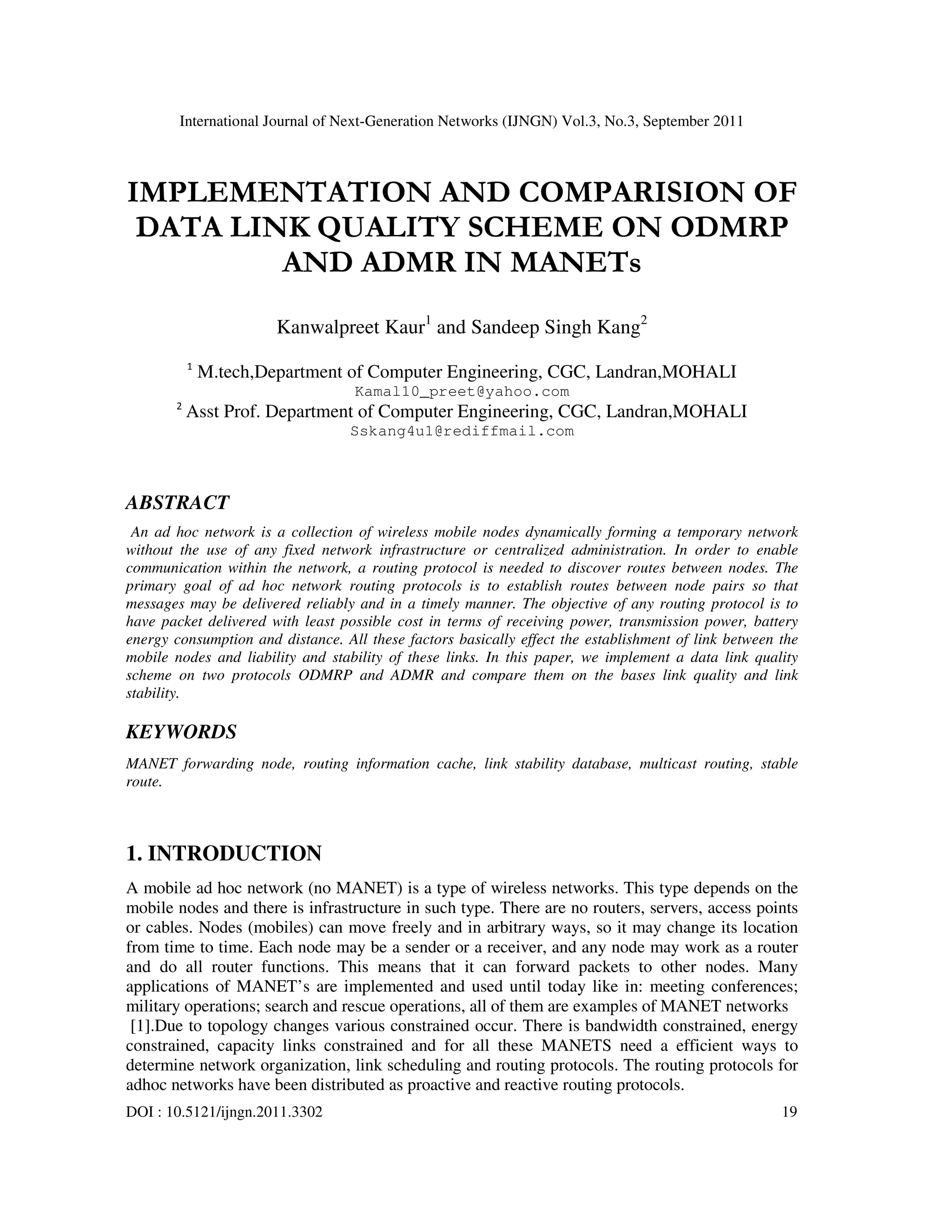 IMPLEMENTATION AND COMPARISION OF DATA LINK QUALITY SCHEME ON ODMRP AND ...