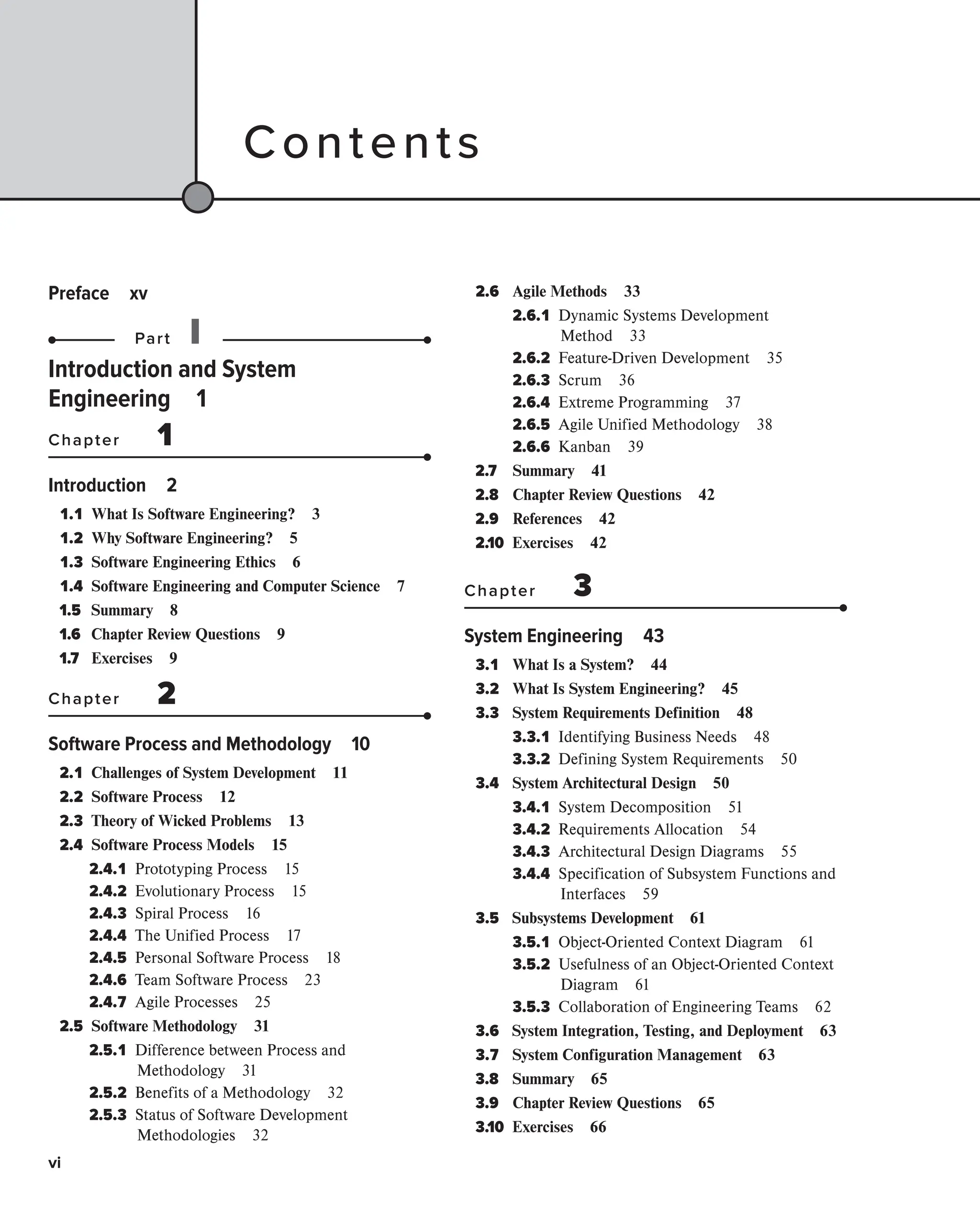 vi
Preface xv
Part I
Introduction and System
Engineering 1
Chapter 1
Introduction 2
1.1 
What Is Software Engineering? 3
1.2 Why Software Engineering? 5
1.3 
Software Engineering Ethics 6
1.4 Software Engineering and Computer Science 7
1.5 Summary 8
1.6 Chapter Review Questions 9
1.7 Exercises 9
Chapter 2
Software Process and Methodology 10
2.1 
Challenges of System Development 11
2.2 
Software Process 12
2.3 
Theory of Wicked Problems 13
2.4 
Software Process Models 15
2.4.1 
Prototyping Process 15
2.4.2 
Evolutionary Process 15
2.4.3 
Spiral Process 16
2.4.4 
The Unified Process 17
2.4.5 
Personal Software Process 18
2.4.6 
Team Software Process 23
2.4.7 
Agile Processes 25
2.5 
Software Methodology 31
2.5.1 
Difference between Process and
Methodology 31
2.5.2 
Benefits of a Methodology 32
2.5.3 
Status of Software Development
Methodologies 32
2.6 Agile Methods 33
2.6.1 
Dynamic Systems Development
Method 33
2.6.2 
Feature-Driven Development 35
2.6.3 
Scrum 36
2.6.4 
Extreme Programming 37
2.6.5 
Agile Unified Methodology 38
2.6.6 
Kanban 39
2.7 Summary 41
2.8 Chapter Review Questions 42
2.9 References 42
2.10 Exercises 42
Chapter 3
System Engineering 43
3.1 
What Is a System? 44
3.2 
What Is System Engineering? 45
3.3 
System Requirements Definition 48
3.3.1 
Identifying Business Needs 48
3.3.2 
Defining System Requirements 50
3.4 
System Architectural Design 50
3.4.1 
System Decomposition 51
3.4.2 
Requirements Allocation 54
3.4.3 
Architectural Design Diagrams 55
3.4.4 
Specification of Subsystem Functions and
Interfaces 59
3.5 Subsystems Development 61
3.5.1 
Object-Oriented Context Diagram 61
3.5.2 
Usefulness of an Object-Oriented Context
Diagram 61
3.5.3 
Collaboration of Engineering Teams 62
3.6 System Integration, Testing, and Deployment 63
3.7 System Configuration Management 63
3.8 Summary 65
3.9 Chapter Review Questions 65
3.10 Exercises 66
Contents
 