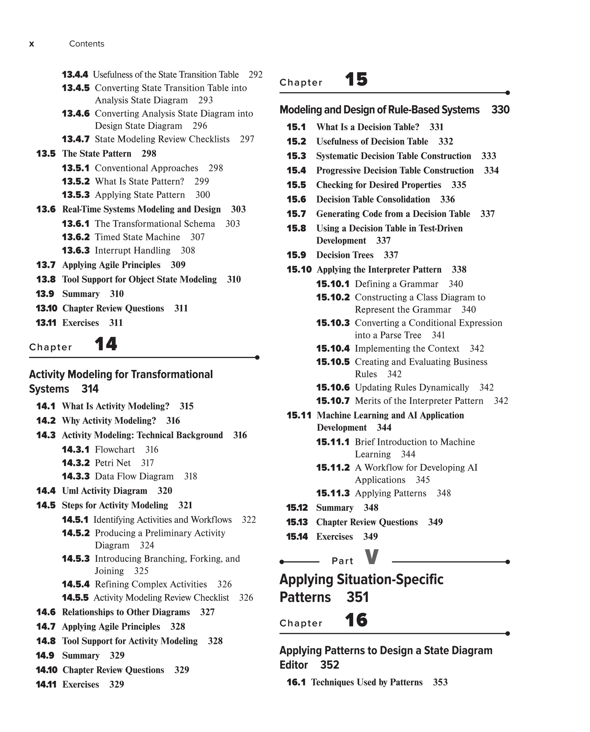 x Contents
13.4.4 
Usefulness of the State Transition Table 292
13.4.5 
Converting State Transition Table into
Analysis State Diagram 293
13.4.6 
Converting Analysis State Diagram into
Design State Diagram 296
13.4.7 
State Modeling Review Checklists 297
13.5 
The State Pattern 298
13.5.1 
Conventional Approaches 298
13.5.2 
What Is State Pattern? 299
13.5.3 
Applying State Pattern 300
13.6 
Real-Time Systems Modeling and Design 303
13.6.1 
The Transformational Schema 303
13.6.2 
Timed State Machine 307
13.6.3 
Interrupt Handling 308
13.7 
Applying Agile Principles 309
13.8 
Tool Support for Object State Modeling 310
13.9 Summary 310
13.10 Chapter Review Questions 311
13.11 Exercises 311
Chapter 14
Activity Modeling for Transformational
Systems 314
14.1 
What Is Activity Modeling? 315
14.2 
Why Activity Modeling? 316
14.3 
Activity Modeling: Technical Background 316
14.3.1 
Flowchart 316
14.3.2 
Petri Net 317
14.3.3 
Data Flow Diagram 318
14.4 
Uml Activity Diagram 320
14.5 
Steps for Activity Modeling 321
14.5.1 
Identifying Activities and Workflows 322
14.5.2 
Producing a Preliminary Activity
Diagram 324
14.5.3 
Introducing Branching, Forking, and
Joining 325
14.5.4 
Refining Complex Activities 326
14.5.5 
Activity Modeling Review Checklist 326
14.6 
Relationships to Other Diagrams 327
14.7 
Applying Agile Principles 328
14.8 
Tool Support for Activity Modeling 328
14.9 Summary 329
14.10 Chapter Review Questions 329
14.11 Exercises 329
Chapter 15
ModelingandDesignofRule-BasedSystems 330
15.1 
What Is a Decision Table? 331
15.2 
Usefulness of Decision Table 332
15.3 
Systematic Decision Table Construction 333
15.4 
Progressive Decision Table Construction 334
15.5 
Checking for Desired Properties 335
15.6 
Decision Table Consolidation 336
15.7 
Generating Code from a Decision Table 337
15.8 
Using a Decision Table in Test-Driven
Development 337
15.9 
Decision Trees 337
15.10 
Applying the Interpreter Pattern 338
15.10.1 
Defining a Grammar 340
15.10.2 
Constructing a Class Diagram to
Represent the Grammar 340
15.10.3 
Converting a Conditional Expression
into a Parse Tree 341
15.10.4 
Implementing the Context 342
15.10.5 
Creating and Evaluating Business
Rules 342
15.10.6 
Updating Rules Dynamically 342
15.10.7 
Merits of the Interpreter Pattern 342
15.11 
Machine Learning and AI Application
Development 344
15.11.1 
Brief Introduction to Machine
Learning 344
15.11.2 
A Workflow for Developing AI
Applications 345
15.11.3 
Applying Patterns 348
15.12 Summary 348
15.13 Chapter Review Questions 349
15.14 Exercises 349
Part V
Applying Situation-Specific
Patterns 351
Chapter 16
Applying Patterns to Design a State Diagram
Editor 352
16.1 
Techniques Used by Patterns 353
 