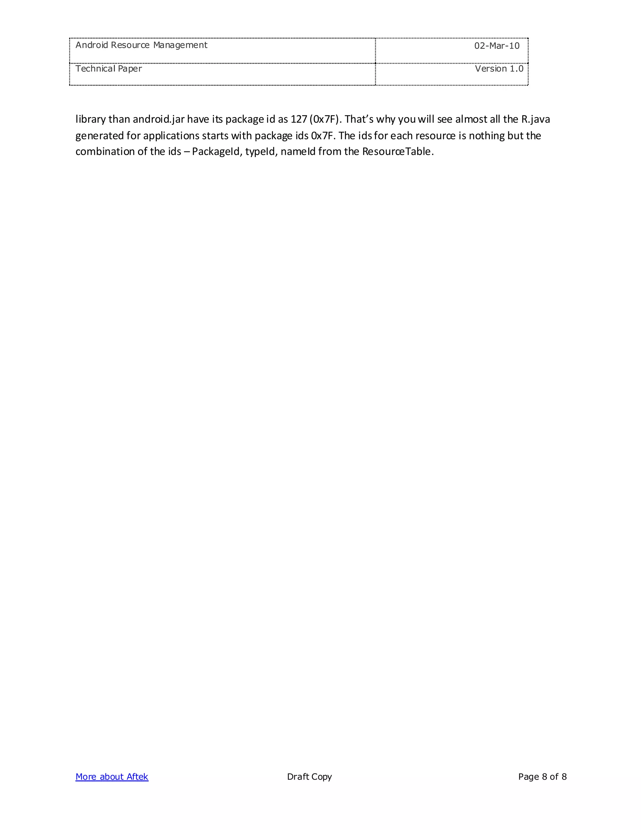 Android Resource Management                                                             02-Mar-10

Technical Paper                                                                         Version 1.0




library than android.jar have its package id as 127 (0x7F). That’s why you will see almost all the R.java
generated for applications starts with package ids 0x7F. The ids for each resource is nothing but the
combination of the ids – PackageId, typeId, nameId from the ResourceTable.




More about Aftek                              Draft Copy                                         Page 8 of 8
 