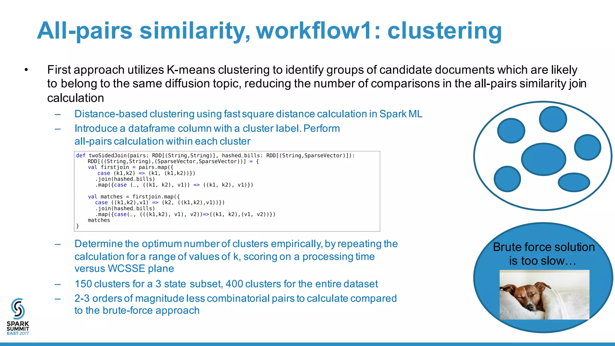 All-­pairs  similarity,  workflow1:  clustering
• First  approach  utilizes  K-­means  clustering  to  identify  groups  of  candidate  documents  which  are  likely  
to  belong  to  the  same  diffusion  topic,  reducing  the  number  of  comparisons  in  the  all-­pairs  similarity  join  
calculation
– Distance-­based  clustering  using  fast  square  distance  calculation  in  Spark  ML
– Introduce  a  dataframe column  with  a  cluster  label.  Perform  
all-­pairs  calculation  within  each  cluster
– Determine  the  optimum  number  of  clusters  empirically,  by  repeating  the  
calculation  for  a  range  of  values  of  k,  scoring  on  a  processing  time  
versus  WCSSE  plane
– 150  clusters  for  a  3  state  subset,  400  clusters  for  the  entire  dataset
– 2-­3  orders  of  magnitude  less  combinatorial  pairs  to  calculate  compared  
to  the  brute-­force  approach  
Brute  force  solution
is  too  slow…
 
