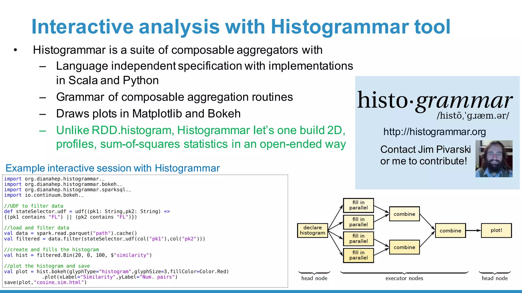 Interactive  analysis  with  Histogrammar tool
• Histogrammar  is  a  suite  of  composable aggregators  with
– Language  independent  specification  with  implementations  
in  Scala  and  Python
– Grammar  of  composable aggregation  routines
– Draws  plots  in  Matplotlib and  Bokeh
– Unlike  RDD.histogram,  Histogrammar let’s  one  build  2D,
profiles,  sum-­of-­squares  statistics  in  an  open-­ended  way  
http://histogrammar.org
Contact  Jim  Pivarski
or  me  to  contribute!
Example  interactive  session  with  Histogrammar
 