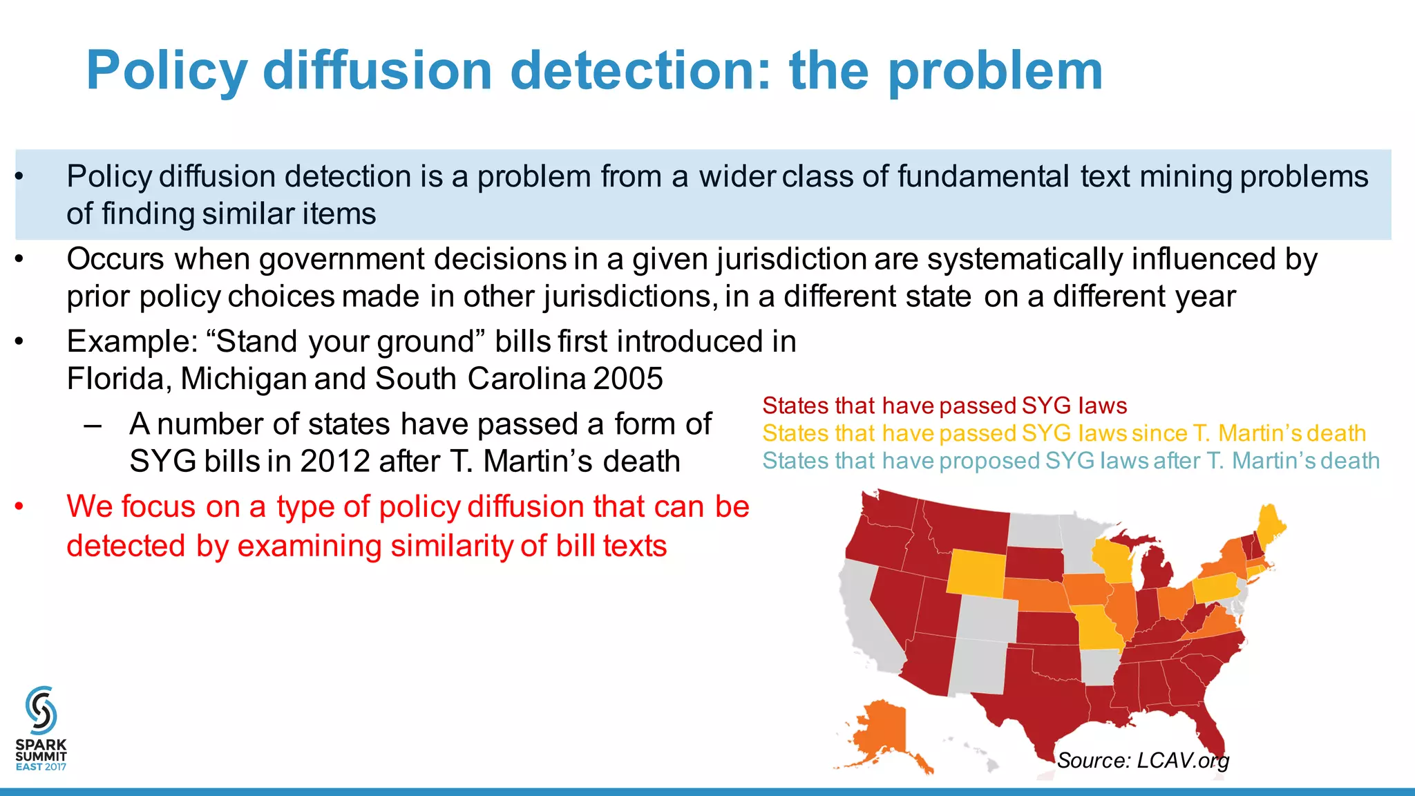 Policy  diffusion  detection:  the  problem
• Policy  diffusion  detection  is  a  problem  from  a  wider  class  of  fundamental  text  mining  problems  
of  finding  similar  items
• Occurs  when  government  decisions  in  a  given  jurisdiction  are  systematically  influenced  by  
prior  policy  choices  made  in  other  jurisdictions,  in  a  different  state  on  a  different  year
• Example:  “Stand  your  ground”  bills  first  introduced  in  
Florida,  Michigan  and  South  Carolina  2005
– A  number  of  states  have  passed  a  form  of  
SYG  bills  in  2012  after  T.  Martin’s  death
• We  focus  on  a  type  of  policy  diffusion  that  can  be  
detected  by  examining  similarity  of  bill  texts
States  that  have  passed  SYG  laws
States  that  have  passed  SYG  laws  since  T.  Martin’s  death
States  that  have  proposed  SYG  laws  after  T.  Martin’s  death
Source:  LCAV.org
 