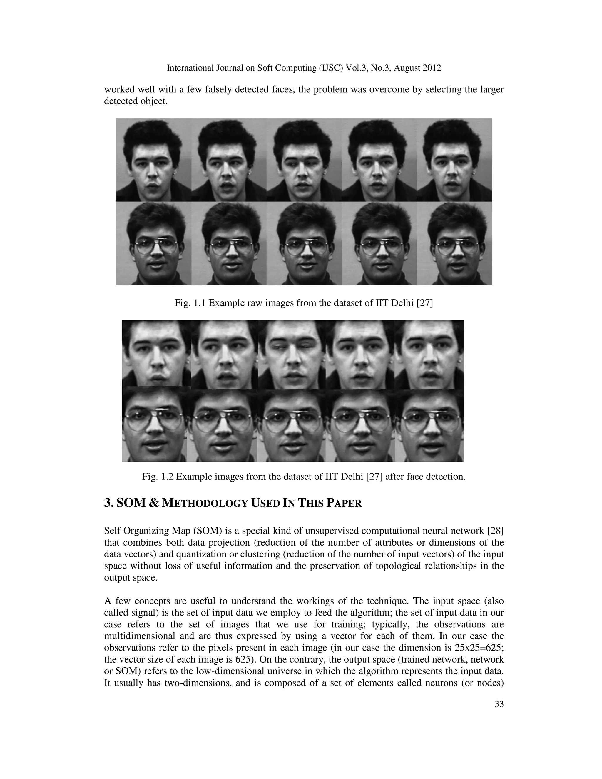 International Journal on Soft Computing (IJSC) Vol.3, No.3, August 2012
33
worked well with a few falsely detected faces, the problem was overcome by selecting the larger
detected object.
Fig. 1.1 Example raw images from the dataset of IIT Delhi [27]
Fig. 1.2 Example images from the dataset of IIT Delhi [27] after face detection.
3. SOM & METHODOLOGY USED IN THIS PAPER
Self Organizing Map (SOM) is a special kind of unsupervised computational neural network [28]
that combines both data projection (reduction of the number of attributes or dimensions of the
data vectors) and quantization or clustering (reduction of the number of input vectors) of the input
space without loss of useful information and the preservation of topological relationships in the
output space.
A few concepts are useful to understand the workings of the technique. The input space (also
called signal) is the set of input data we employ to feed the algorithm; the set of input data in our
case refers to the set of images that we use for training; typically, the observations are
multidimensional and are thus expressed by using a vector for each of them. In our case the
observations refer to the pixels present in each image (in our case the dimension is 25x25=625;
the vector size of each image is 625). On the contrary, the output space (trained network, network
or SOM) refers to the low-dimensional universe in which the algorithm represents the input data.
It usually has two-dimensions, and is composed of a set of elements called neurons (or nodes)
 