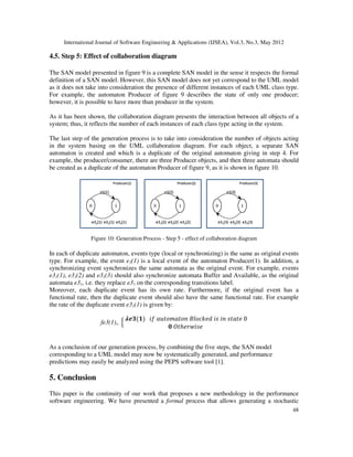 0
 


It is obvious to see that the concept of functional rate is a powerful point of using stochastic
e32 and e33 are basically related to the same trigger, they should be
fe3. Thus, the typical SAN model corresponding to the UML
Producer/Consumer model is given by figure 9.
9: Generation Process - Step 4 - events rates
International Journal of Software Engineering  Applications (IJSEA), Vol.3, No.3, May 2012
47
the three SAN automata Producer, Buffer
Basing on Step 3, it may be noticed that two categories of events may be underlined: events
and events that do not correspond to the
has a condition and it controls the
e is assigned. However,
functional rate. Let us reconsider the
b.Plus() 
should be eligible to fire only if the automaton Blocked is in its
local state 0, i.e. the state that corresponds to the value False of the affecting variable Blocked.
described as following:
It is obvious to see that the concept of functional rate is a powerful point of using stochastic
are basically related to the same trigger, they should be
SAN model corresponding to the UML
 