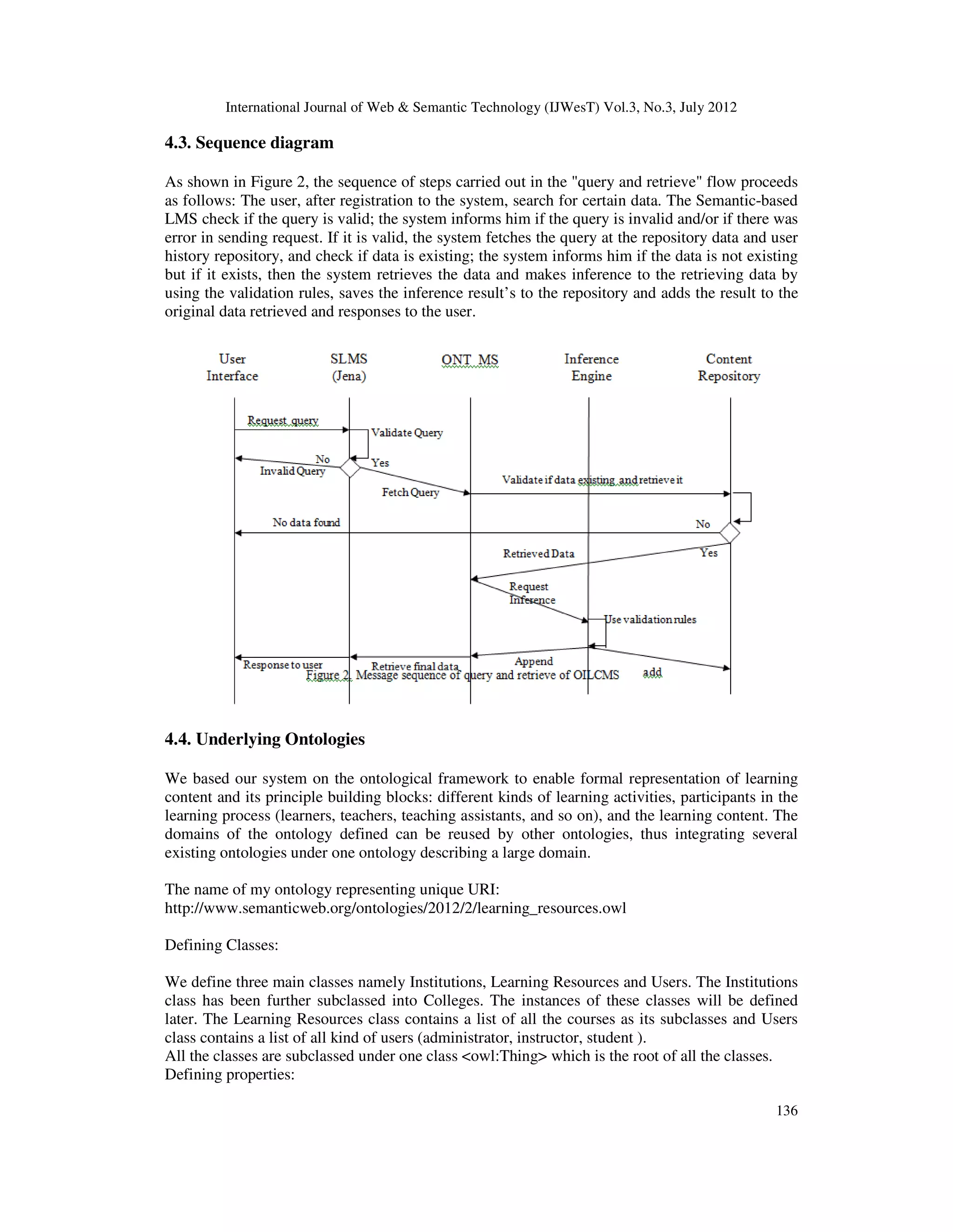 International Journal of Web & Semantic Technology (IJWesT) Vol.3, No.3, July 2012
136
4.3. Sequence diagram
As shown in Figure 2, the sequence of steps carried out in the "query and retrieve" flow proceeds
as follows: The user, after registration to the system, search for certain data. The Semantic-based
LMS check if the query is valid; the system informs him if the query is invalid and/or if there was
error in sending request. If it is valid, the system fetches the query at the repository data and user
history repository, and check if data is existing; the system informs him if the data is not existing
but if it exists, then the system retrieves the data and makes inference to the retrieving data by
using the validation rules, saves the inference result’s to the repository and adds the result to the
original data retrieved and responses to the user.
4.4. Underlying Ontologies
We based our system on the ontological framework to enable formal representation of learning
content and its principle building blocks: different kinds of learning activities, participants in the
learning process (learners, teachers, teaching assistants, and so on), and the learning content. The
domains of the ontology defined can be reused by other ontologies, thus integrating several
existing ontologies under one ontology describing a large domain.
The name of my ontology representing unique URI:
http://www.semanticweb.org/ontologies/2012/2/learning_resources.owl
Defining Classes:
We define three main classes namely Institutions, Learning Resources and Users. The Institutions
class has been further subclassed into Colleges. The instances of these classes will be defined
later. The Learning Resources class contains a list of all the courses as its subclasses and Users
class contains a list of all kind of users (administrator, instructor, student ).
All the classes are subclassed under one class <owl:Thing> which is the root of all the classes.
Defining properties:
 