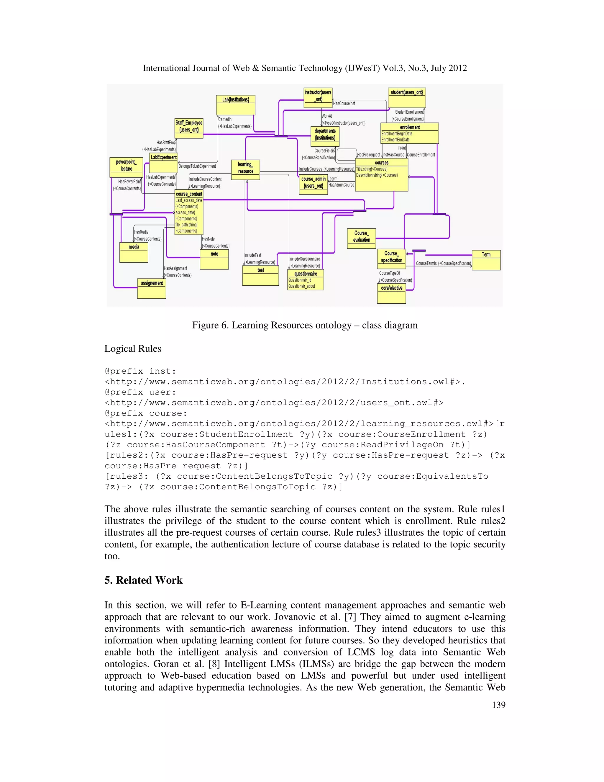 International Journal of Web & Semantic Technology (IJWesT) Vol.3, No.3, July 2012
139
Figure 6. Learning Resources ontology – class diagram
Logical Rules
@prefix inst:
<http://www.semanticweb.org/ontologies/2012/2/Institutions.owl#>.
@prefix user:
<http://www.semanticweb.org/ontologies/2012/2/users_ont.owl#>
@prefix course:
<http://www.semanticweb.org/ontologies/2012/2/learning_resources.owl#>[r
ules1:(?x course:StudentEnrollment ?y)(?x course:CourseEnrollment ?z)
(?z course:HasCourseComponent ?t)->(?y course:ReadPrivilegeOn ?t)]
[rules2:(?x course:HasPre-request ?y)(?y course:HasPre-request ?z)-> (?x
course:HasPre-request ?z)]
[rules3: (?x course:ContentBelongsToTopic ?y)(?y course:EquivalentsTo
?z)-> (?x course:ContentBelongsToTopic ?z)]
The above rules illustrate the semantic searching of courses content on the system. Rule rules1
illustrates the privilege of the student to the course content which is enrollment. Rule rules2
illustrates all the pre-request courses of certain course. Rule rules3 illustrates the topic of certain
content, for example, the authentication lecture of course database is related to the topic security
too.
5. Related Work
In this section, we will refer to E-Learning content management approaches and semantic web
approach that are relevant to our work. Jovanovic et al. [7] They aimed to augment e-learning
environments with semantic-rich awareness information. They intend educators to use this
information when updating learning content for future courses. So they developed heuristics that
enable both the intelligent analysis and conversion of LCMS log data into Semantic Web
ontologies. Goran et al. [8] Intelligent LMSs (ILMSs) are bridge the gap between the modern
approach to Web-based education based on LMSs and powerful but under used intelligent
tutoring and adaptive hypermedia technologies. As the new Web generation, the Semantic Web
 